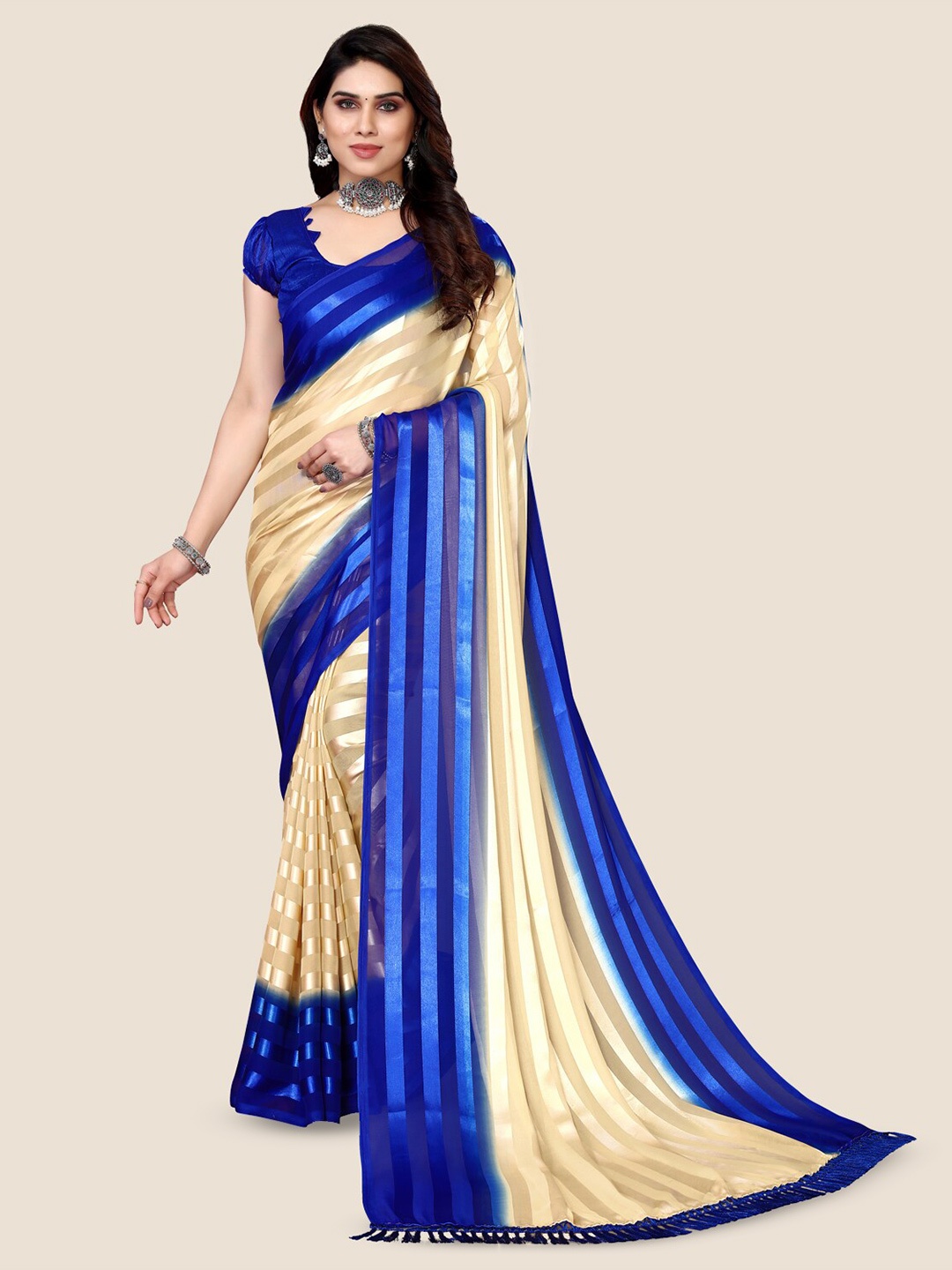 

KALINI Striped Satin Saree, Cream