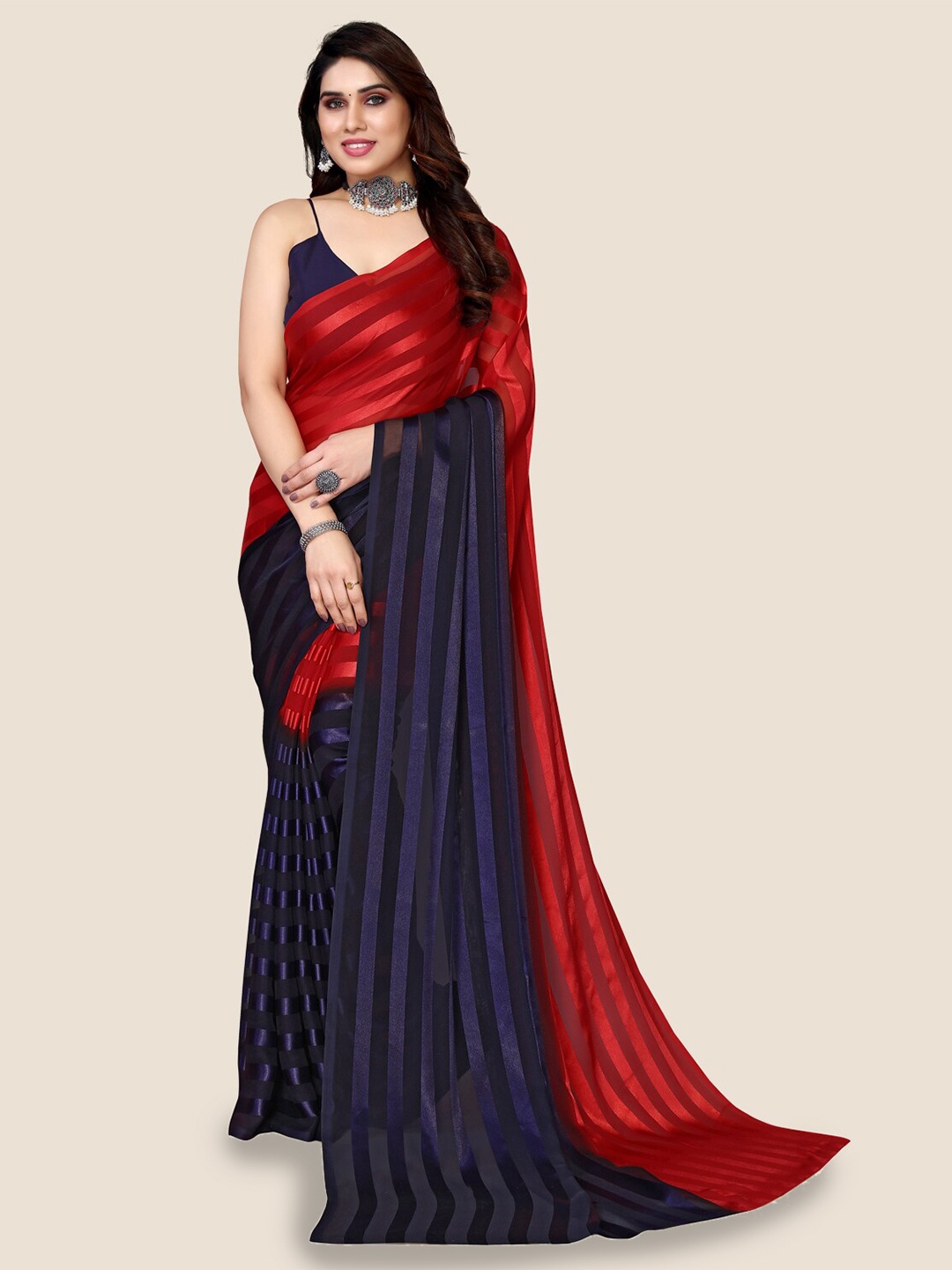 

Moda Rapido Striped Satin Saree, Red