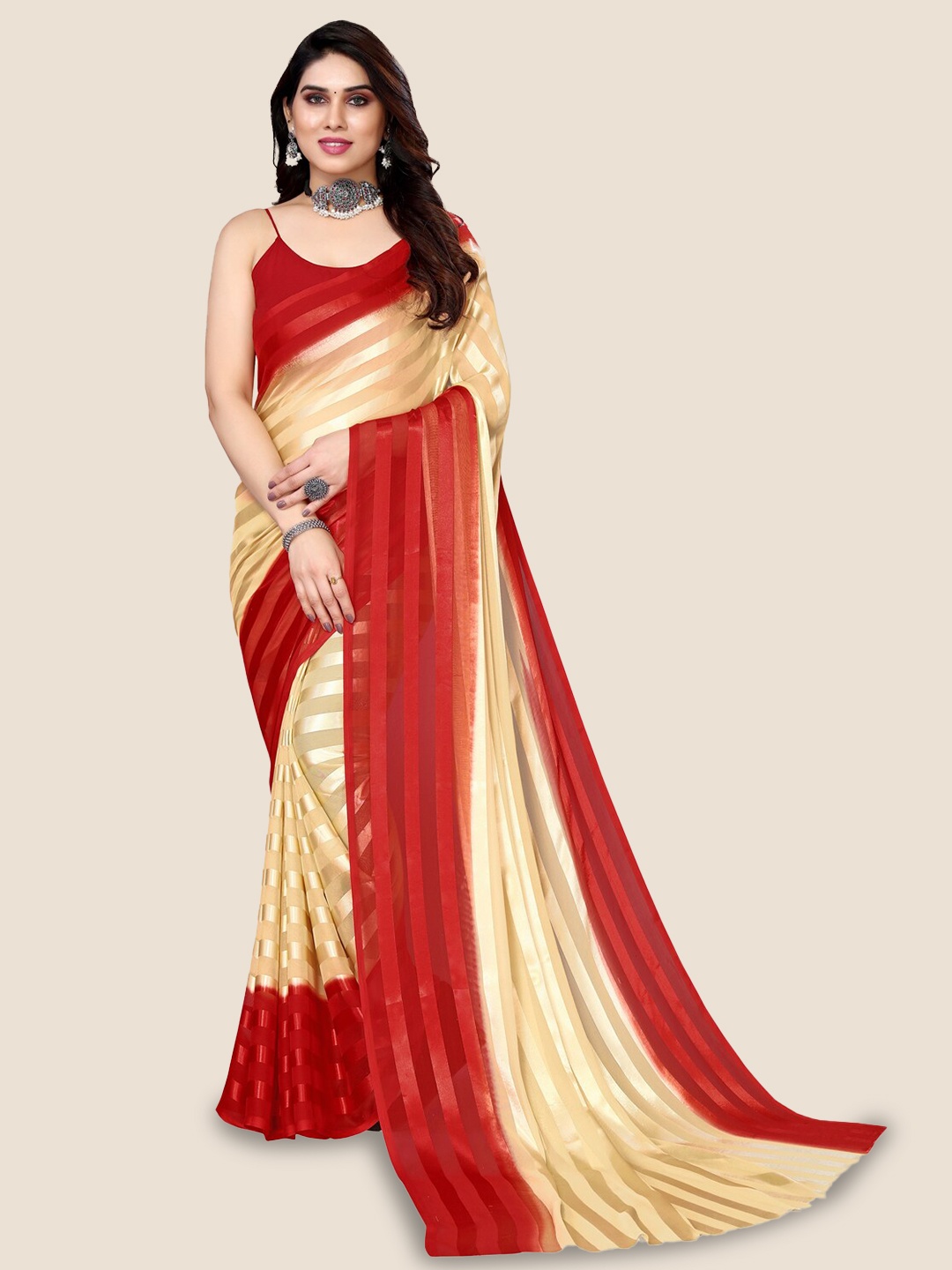 

ANAND SAREES Striped Satin Saree, Red