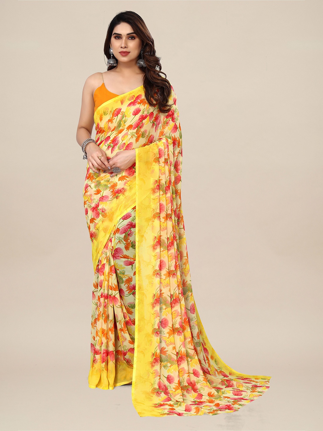 

ANAND SAREES Floral Printed Pure Georgette Saree, Yellow
