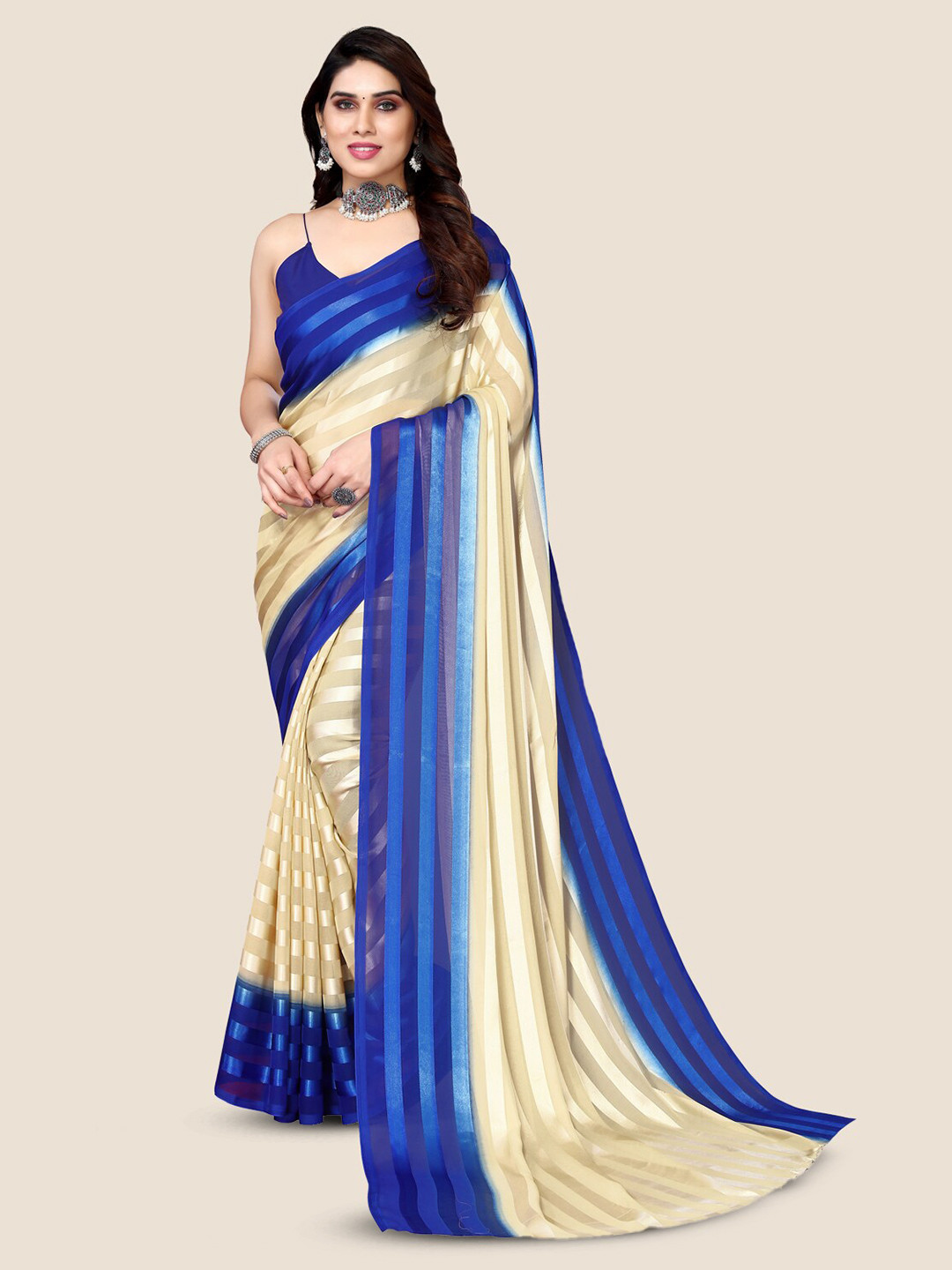 

ANAND SAREES Striped Satin Saree, Blue