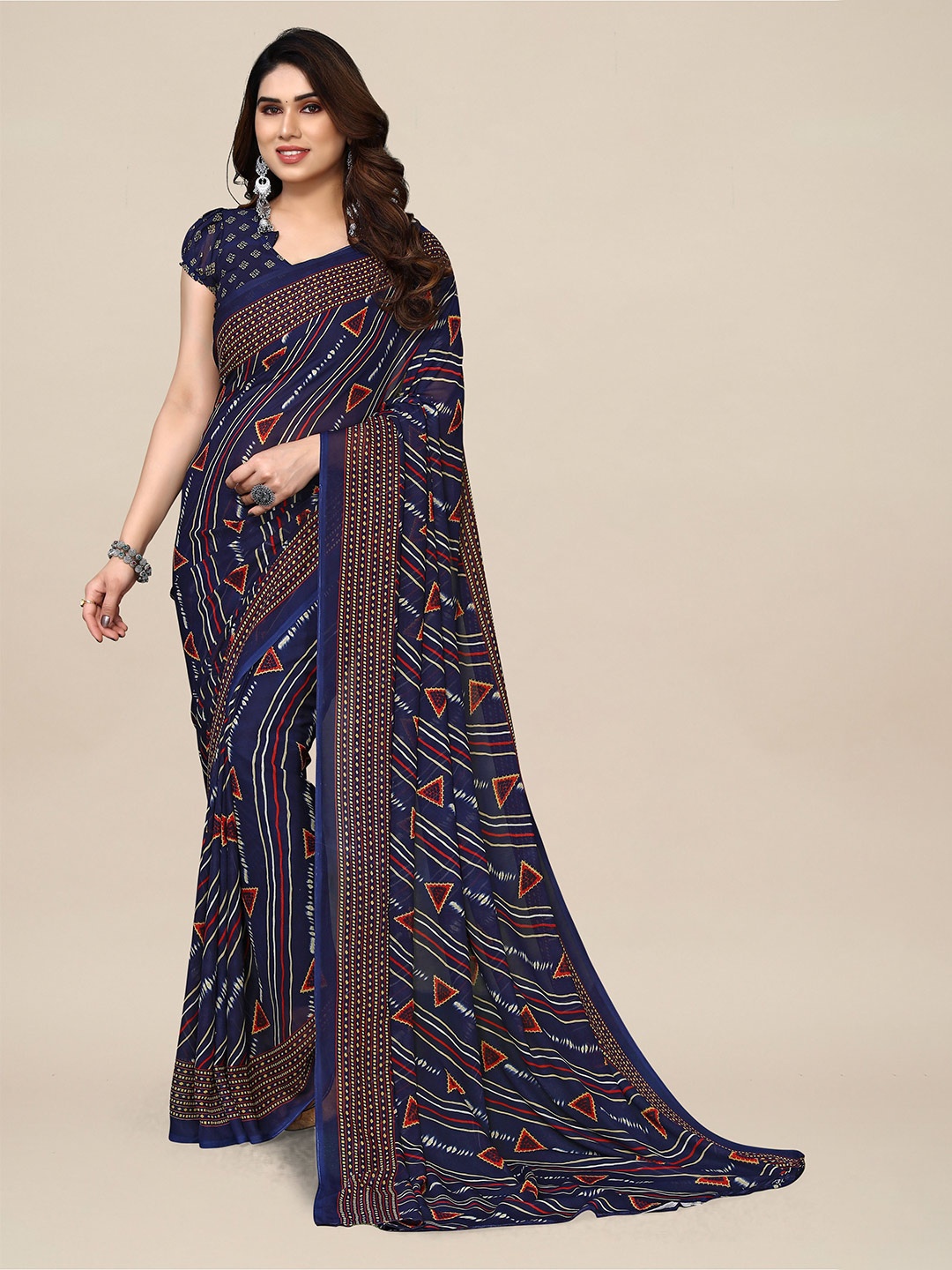 

ANAND SAREES Abstract Printed Pure Georgette Saree, Navy blue