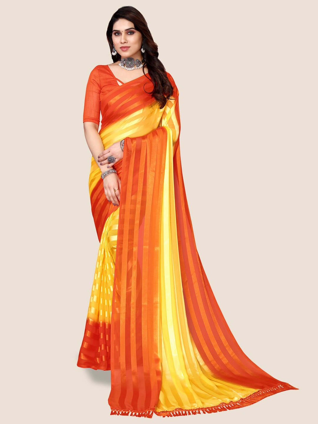 

ANAND SAREES Striped Satin Saree, Orange