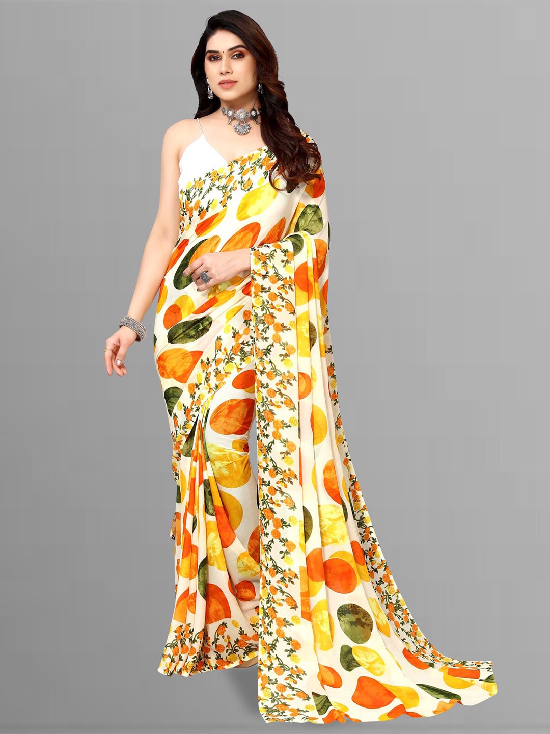 

ANAND SAREES Gemetric Printed Pure Georgette Saree, White
