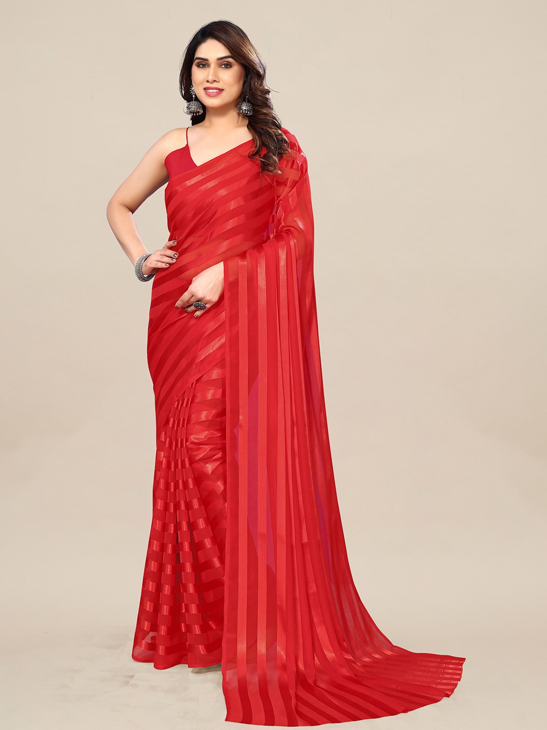

Moda Rapido Striped Satin Saree, Red