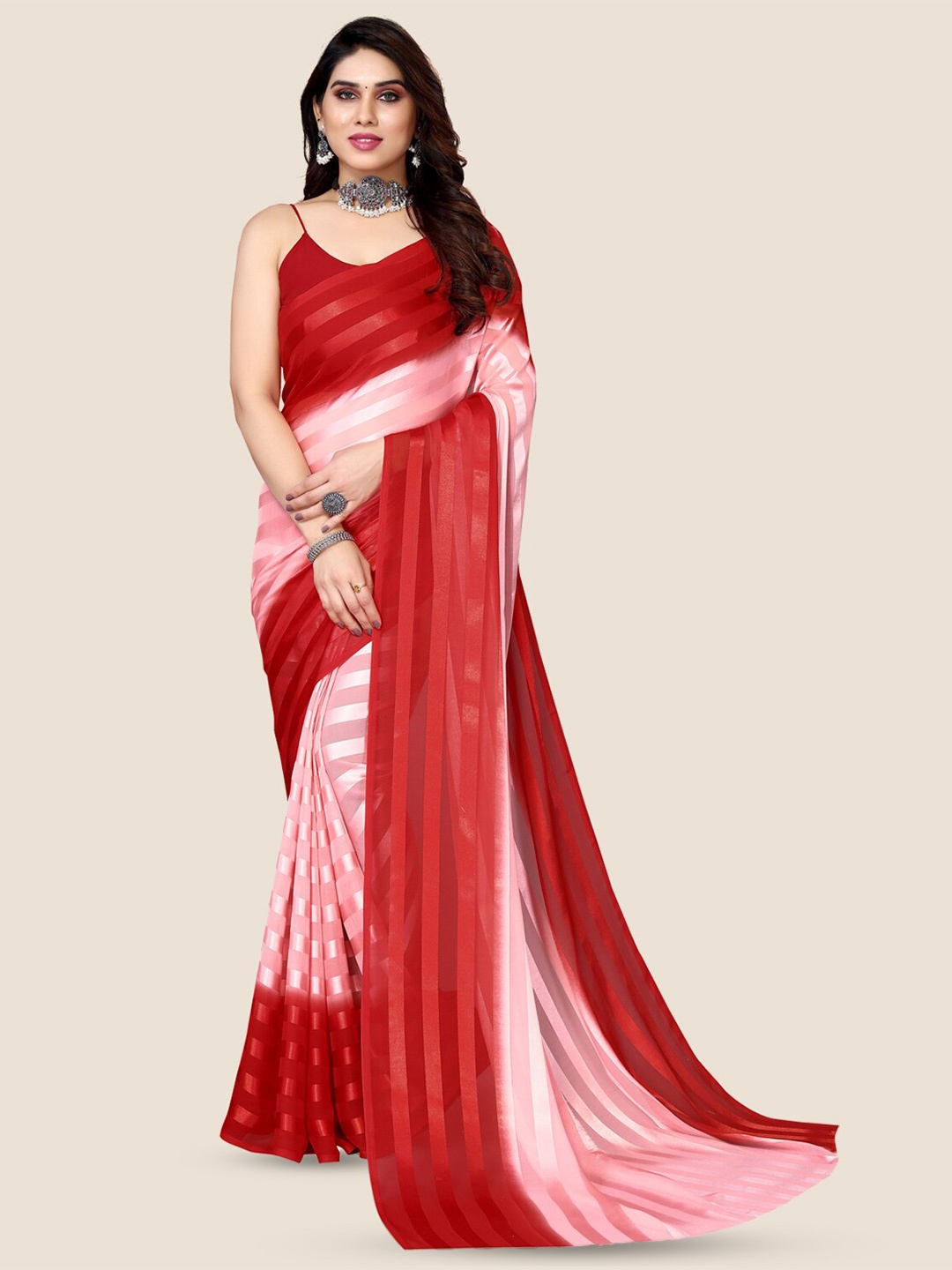 

Moda Rapido Striped Satin Saree, Red