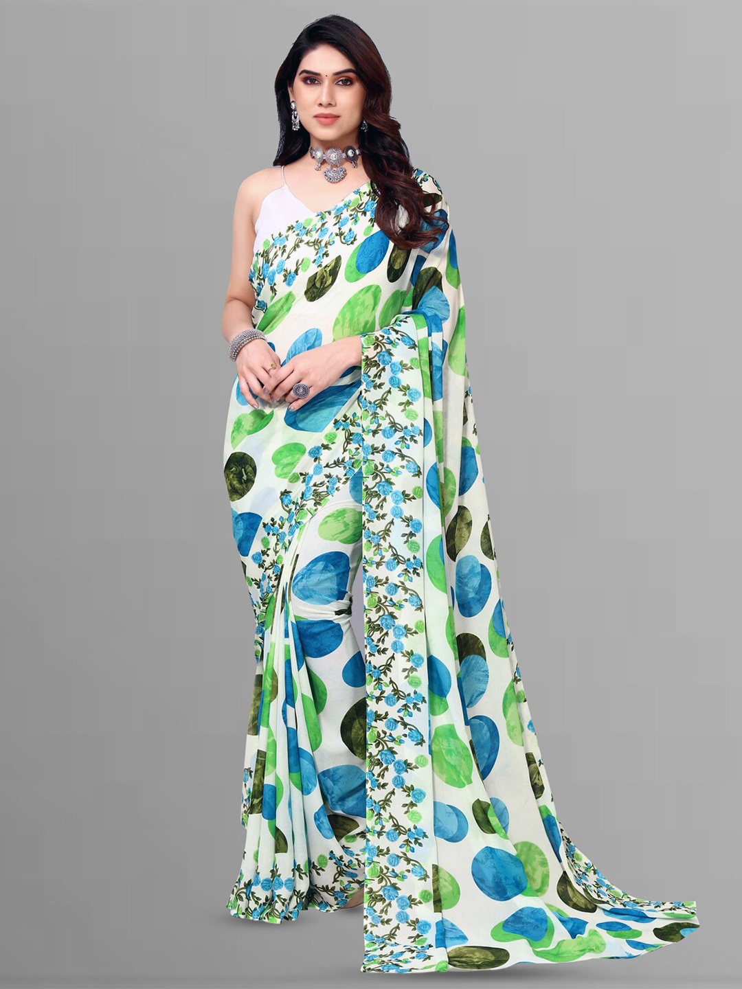 

ANAND SAREES Geometric Printed Pure Georgette Saree, White