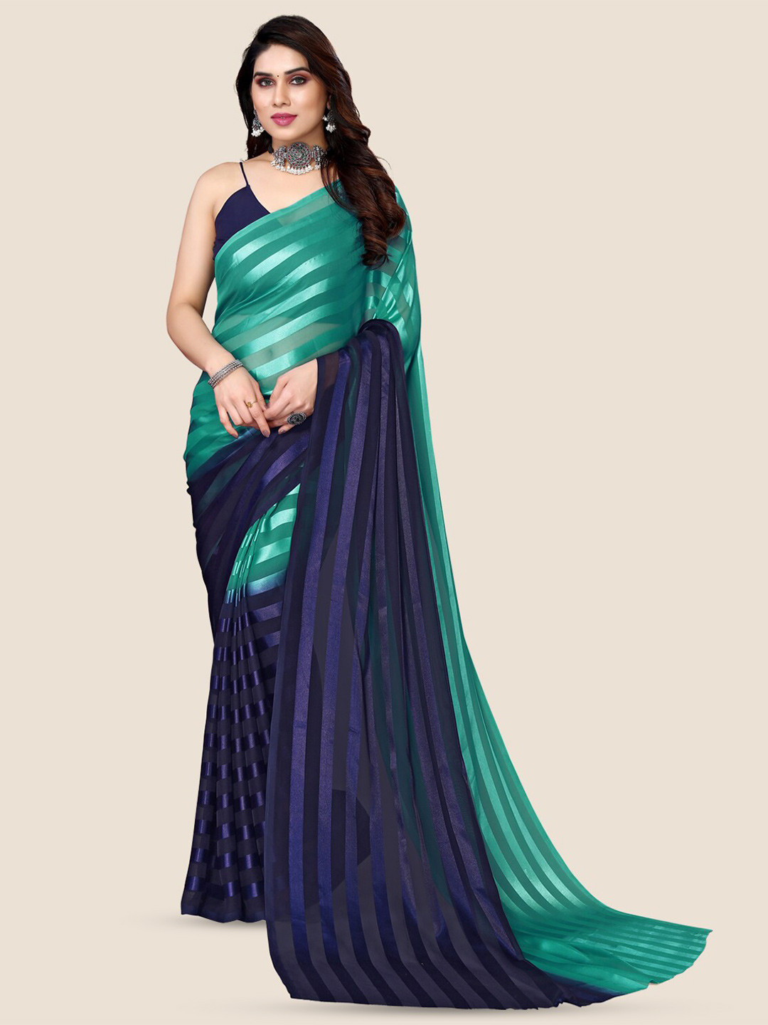 

Moda Rapido Striped Satin Saree, Green