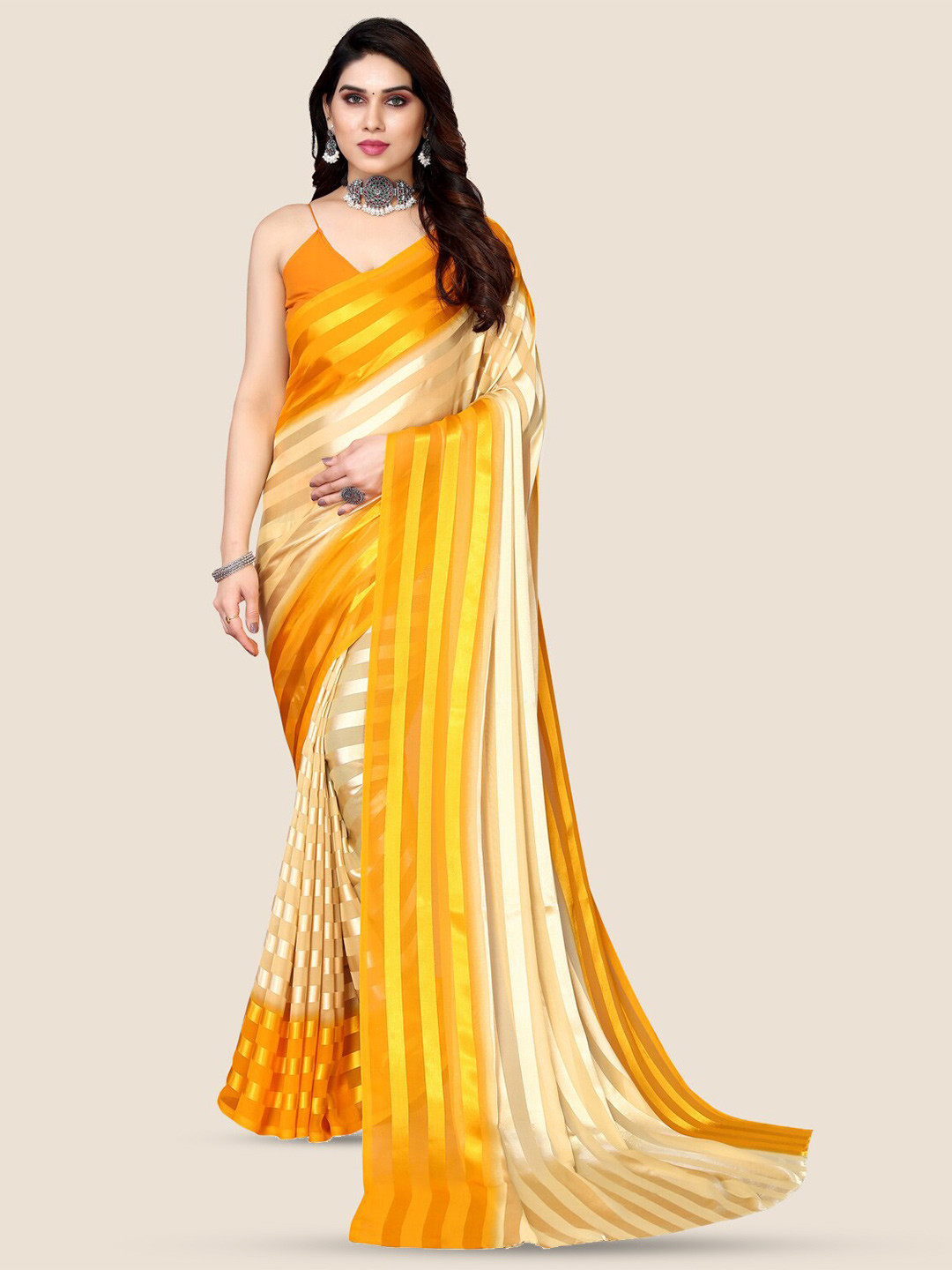 

ANAND SAREES Striped Satin Saree, Yellow