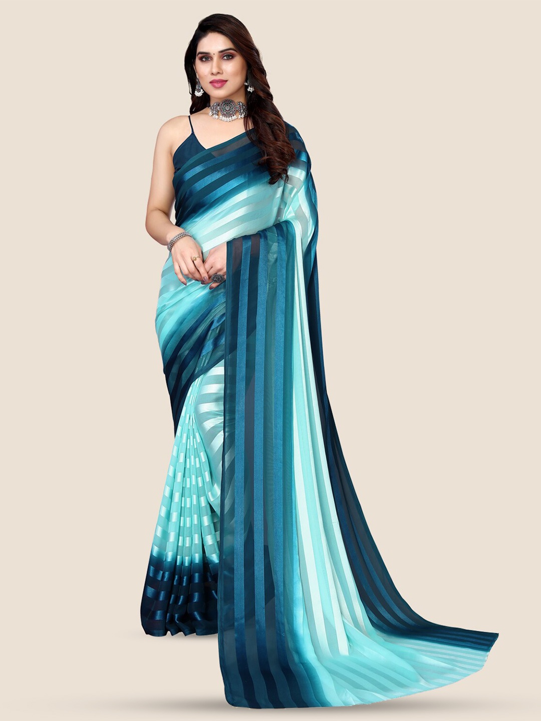 

Moda Rapido Striped Satin Saree, Teal