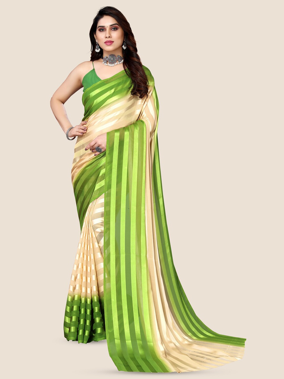 

ANAND SAREES Striped Satin Saree, Green