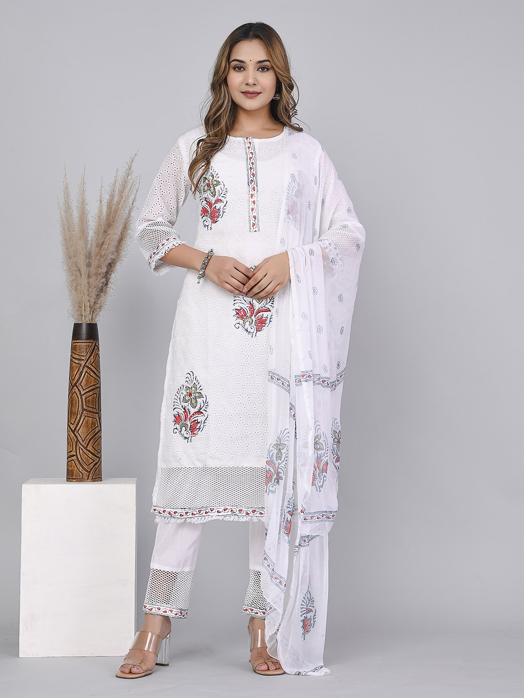 

KPF Floral Printed Pure Cotton Kurta With Trousers & With Dupatta, White