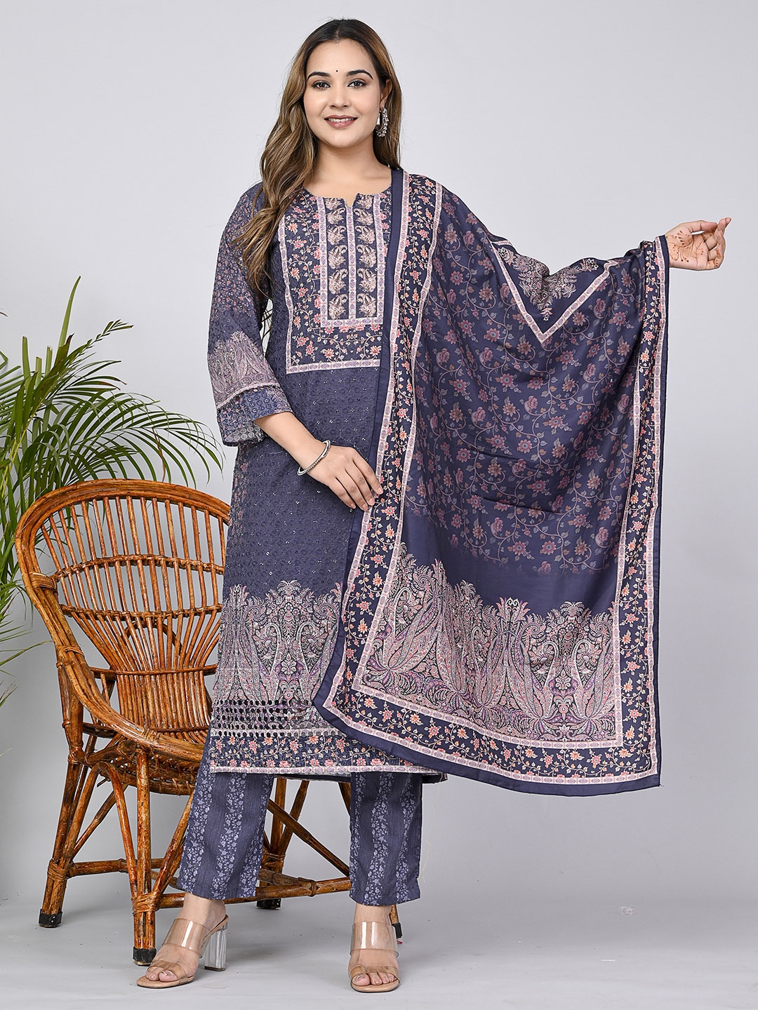 

KPF Floral Printed Pure Cotton Kurta & Trousers With Dupatta, Navy blue
