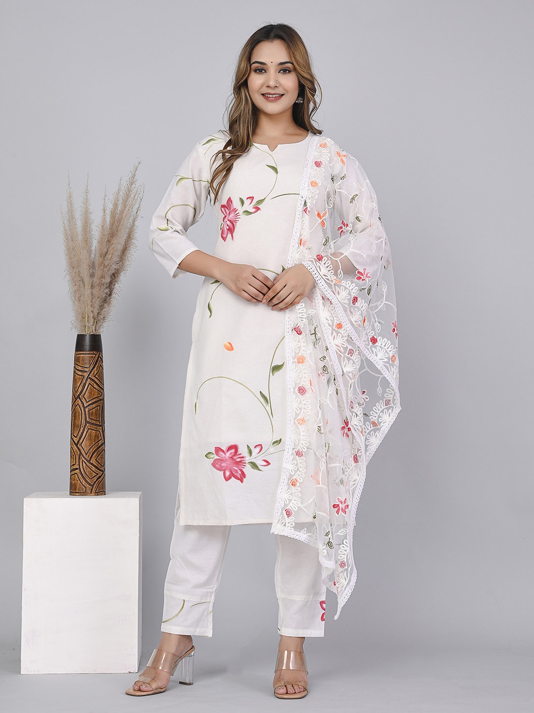 

KPF Floral Printed Embroidered Pure Cotton Straight Kurta & Trousers With Dupatta, White