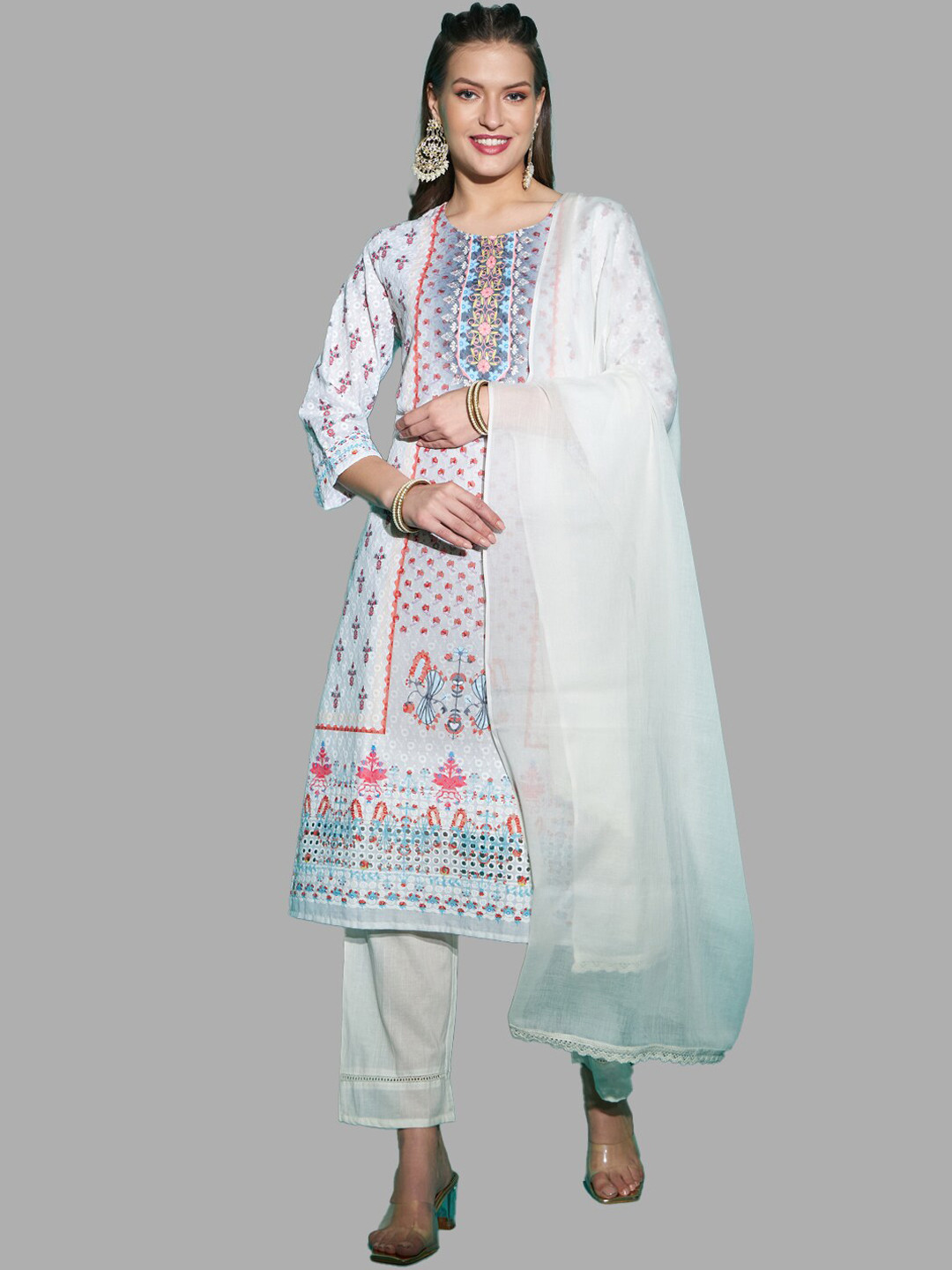 

KPF Floral Printed Pure Cotton Kurta With Trousers & With Dupatta, White