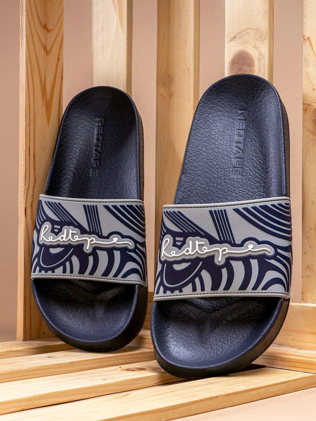 

Red Tape Men Printed Sliders, Navy blue