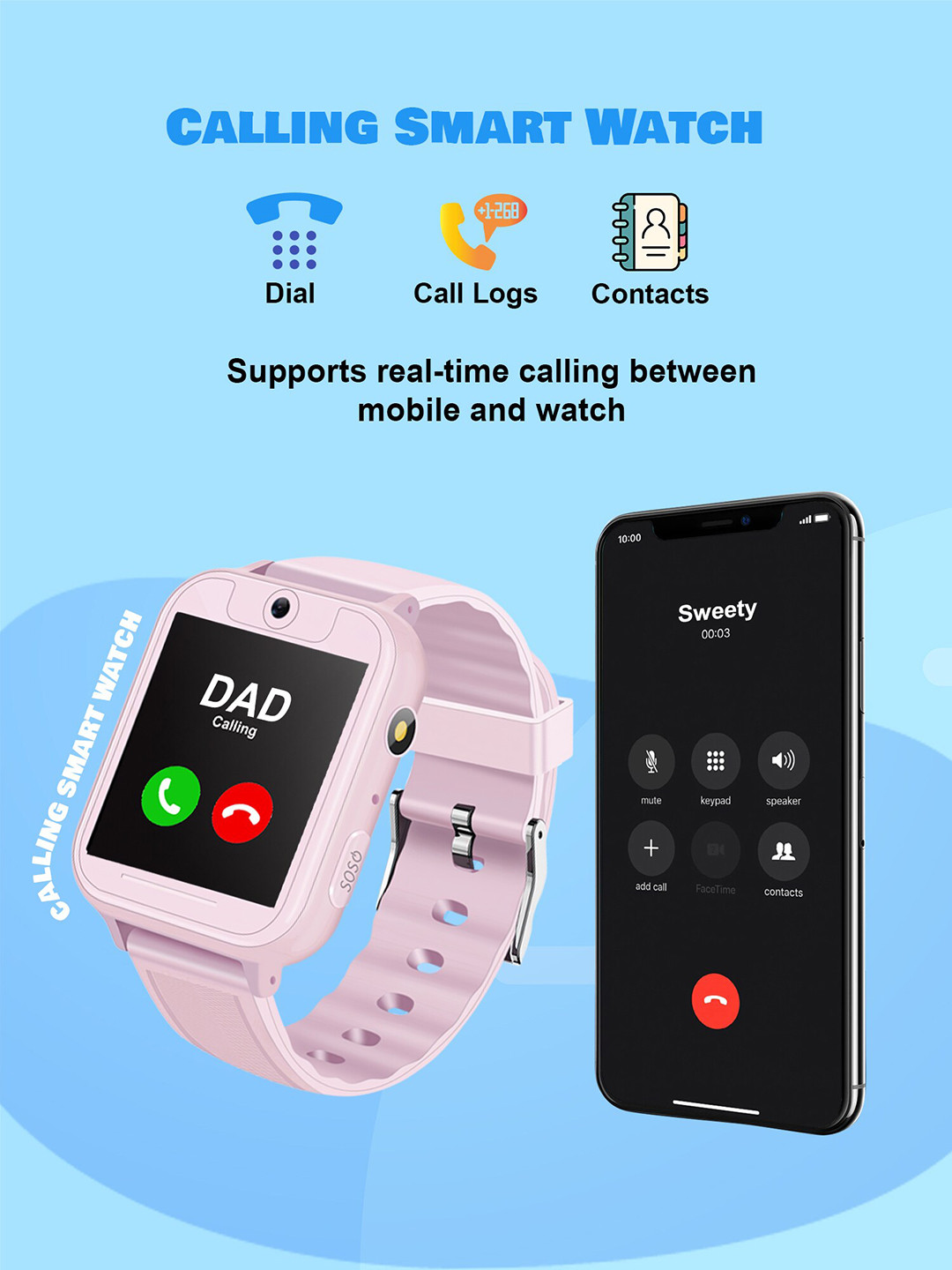 

Spiky Unisex Kids Calling SOS Camera Multifunction LBS location Tracking Smartwatch, Pink