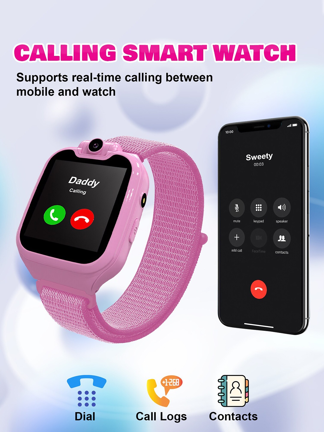 

Spiky Unisex Kids Calling SOS Cameras Music Multifunction Smart Watch, Pink