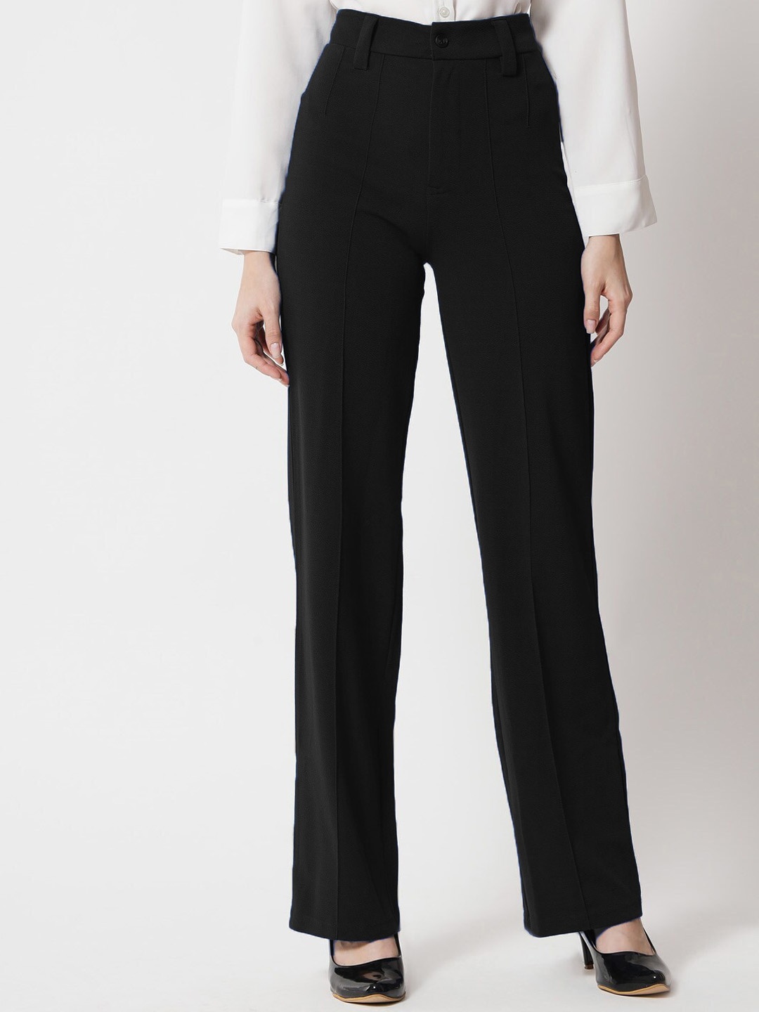 

WESTHOOD Women Smart Straight Fit High-Rise Parallel Trousers, Black