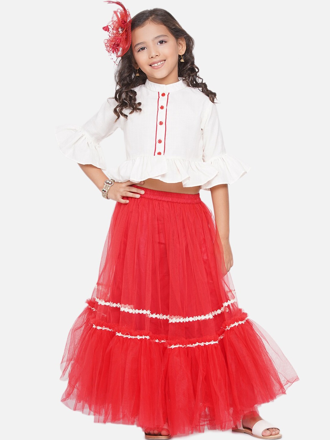 

Modish Couture Girls Mandarin Collar Top & Skirt, Off white