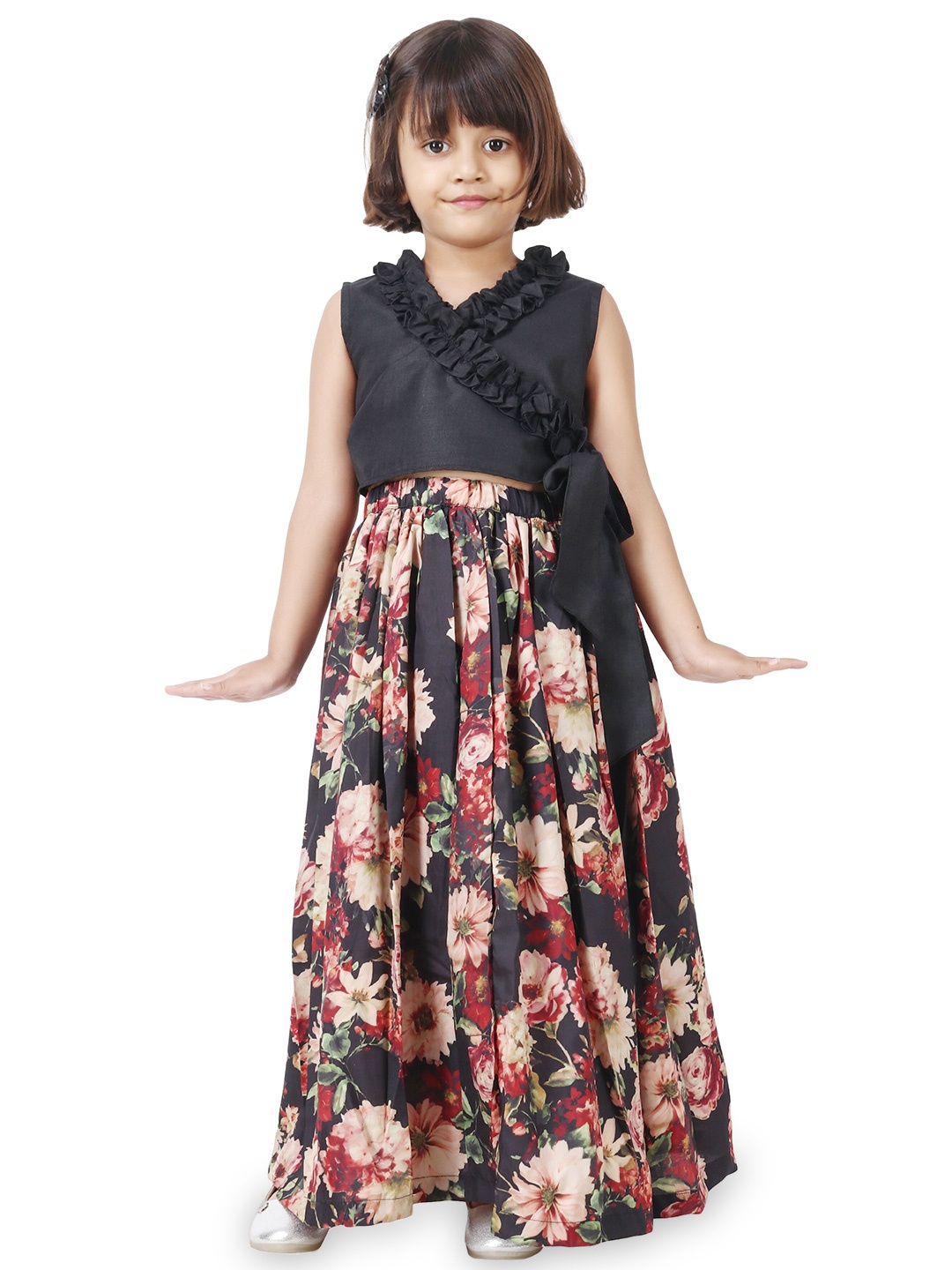 

Modish Couture Girls Floral Printed Ruffled Ready to Wear Lehenga Choli, Black