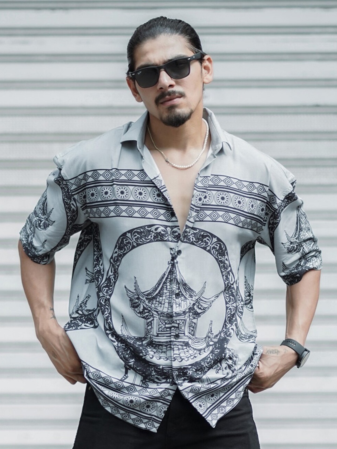 

Powerlook Grey India Slim Ethnic Motifs Printed Oversized Casual Shirt