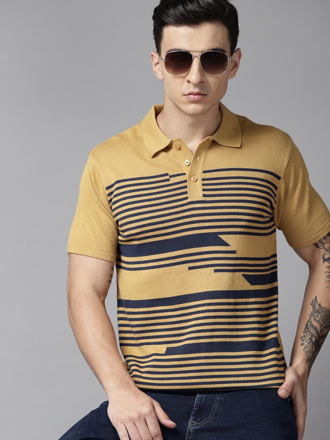 

Roadster Men Striped Polo Collar Slim Fit Pure Cotton T-shirt, Yellow