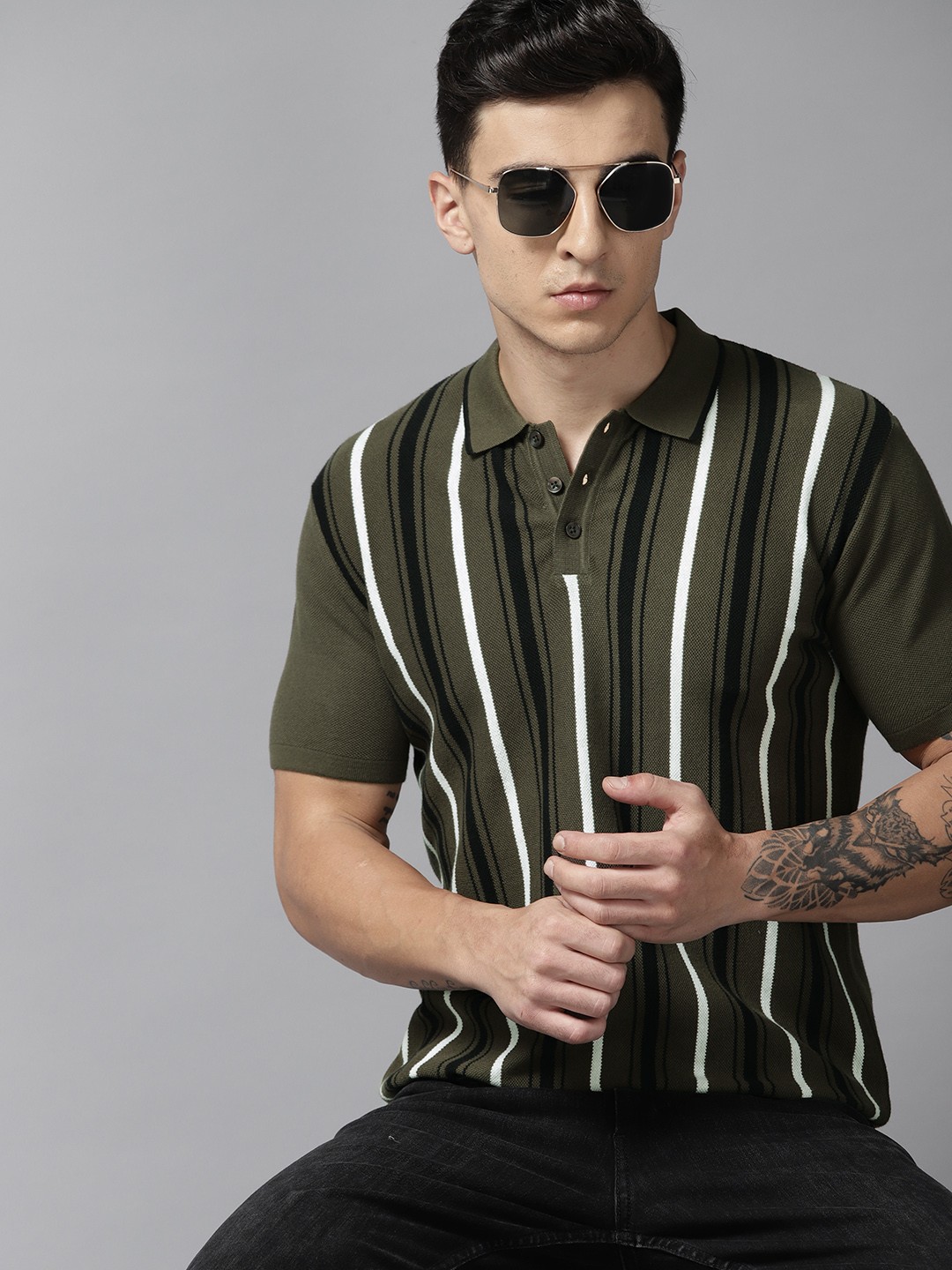 

Roadster Men Striped Polo Collar Slim Fit Pure Cotton T-shirt, Olive