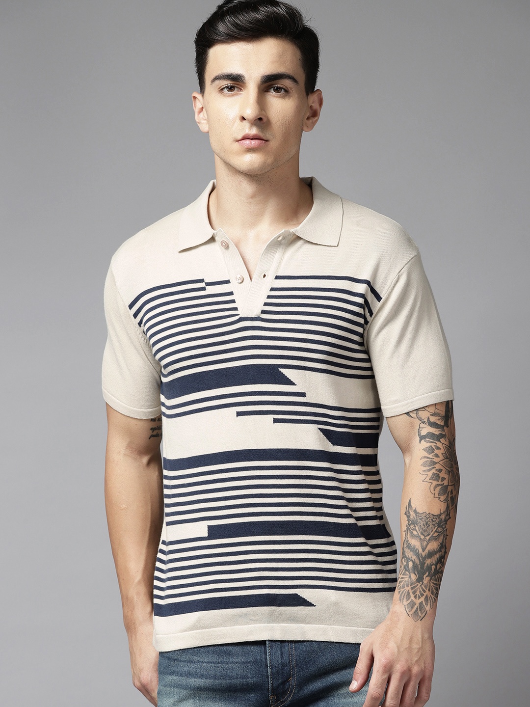 

Roadster Men Striped Polo Collar Slim Fit Pure Cotton T-shirt, Beige