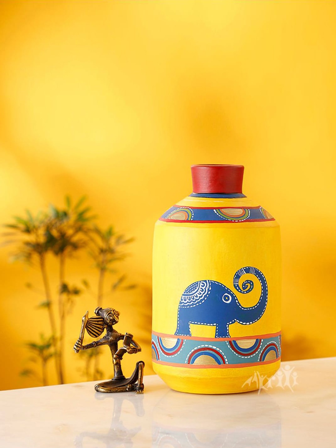 

AAKRITI ART CREATIONS Yellow Terracotta Happy Elephants Madhubani Printed Vase