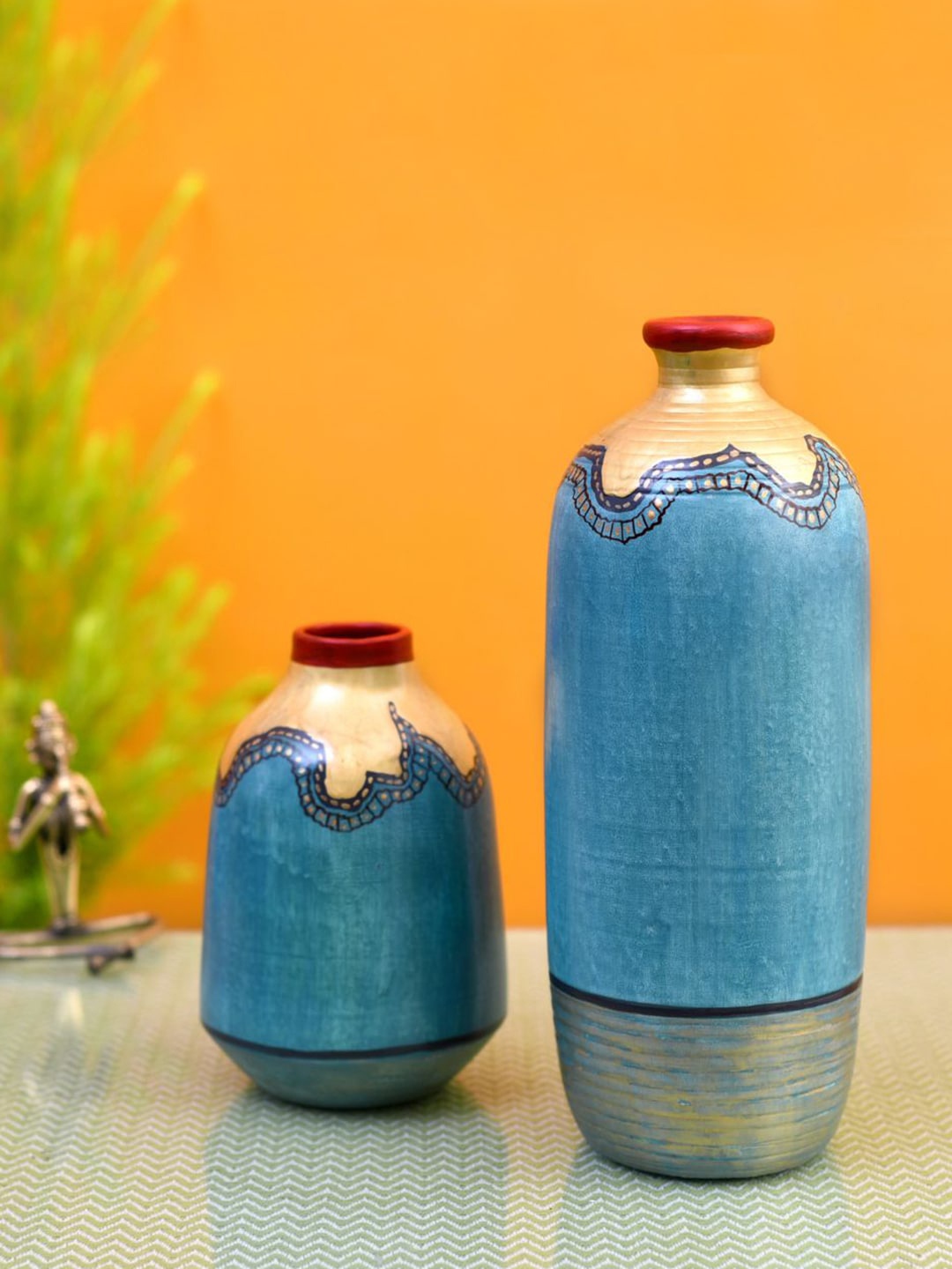 

AAKRITI ART CREATIONS 2-Pcs Turquoise Blue Printed Glaze Vases