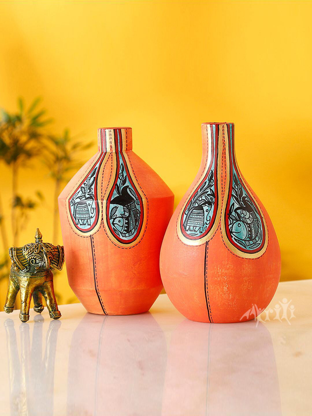 

AAKRITI ART CREATIONS Orange 2 Pieces Earthen Printed Vases