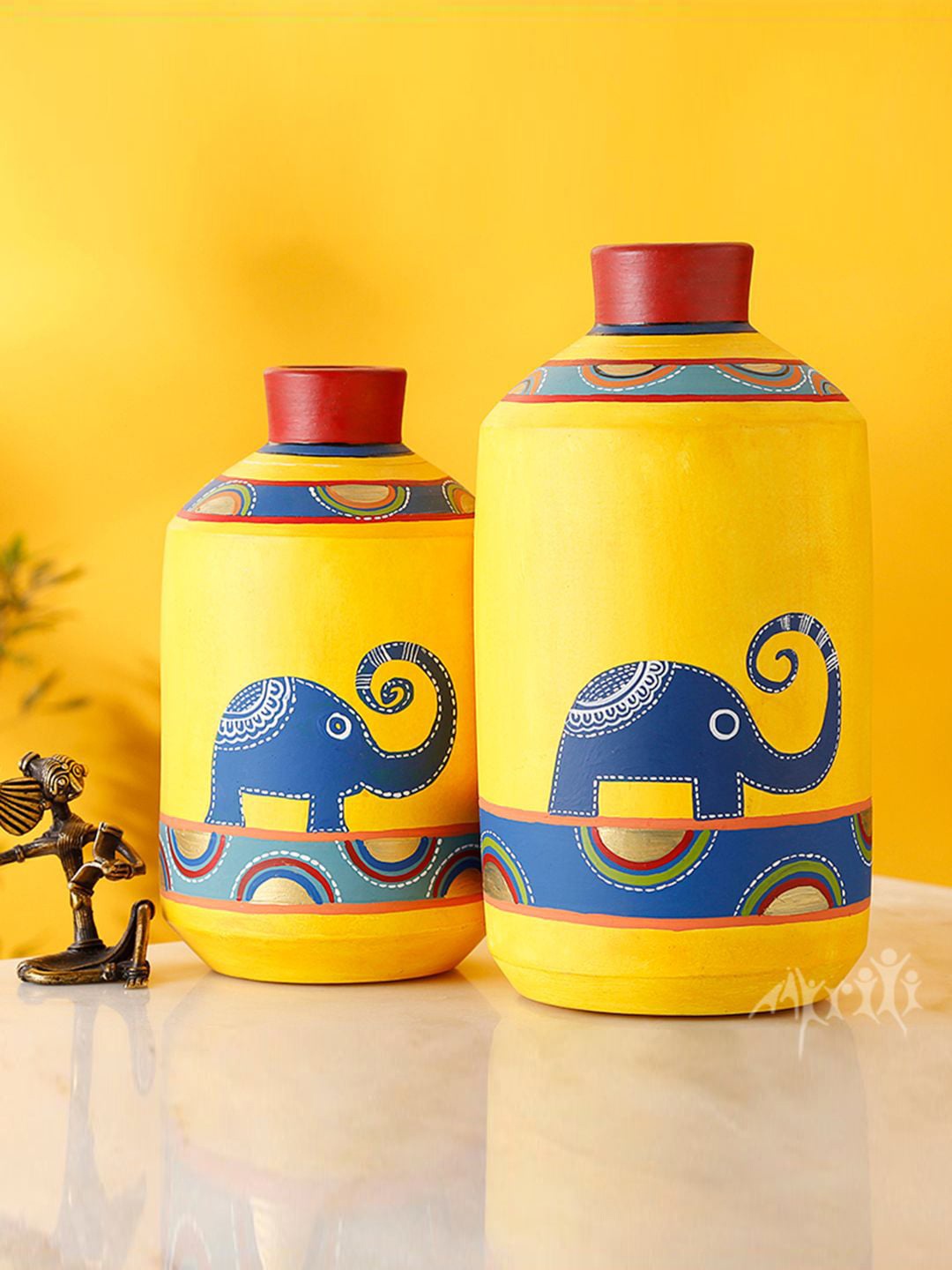 

AAKRITI ART CREATIONS Yellow 2 Pieces Printed Terracotta Vases