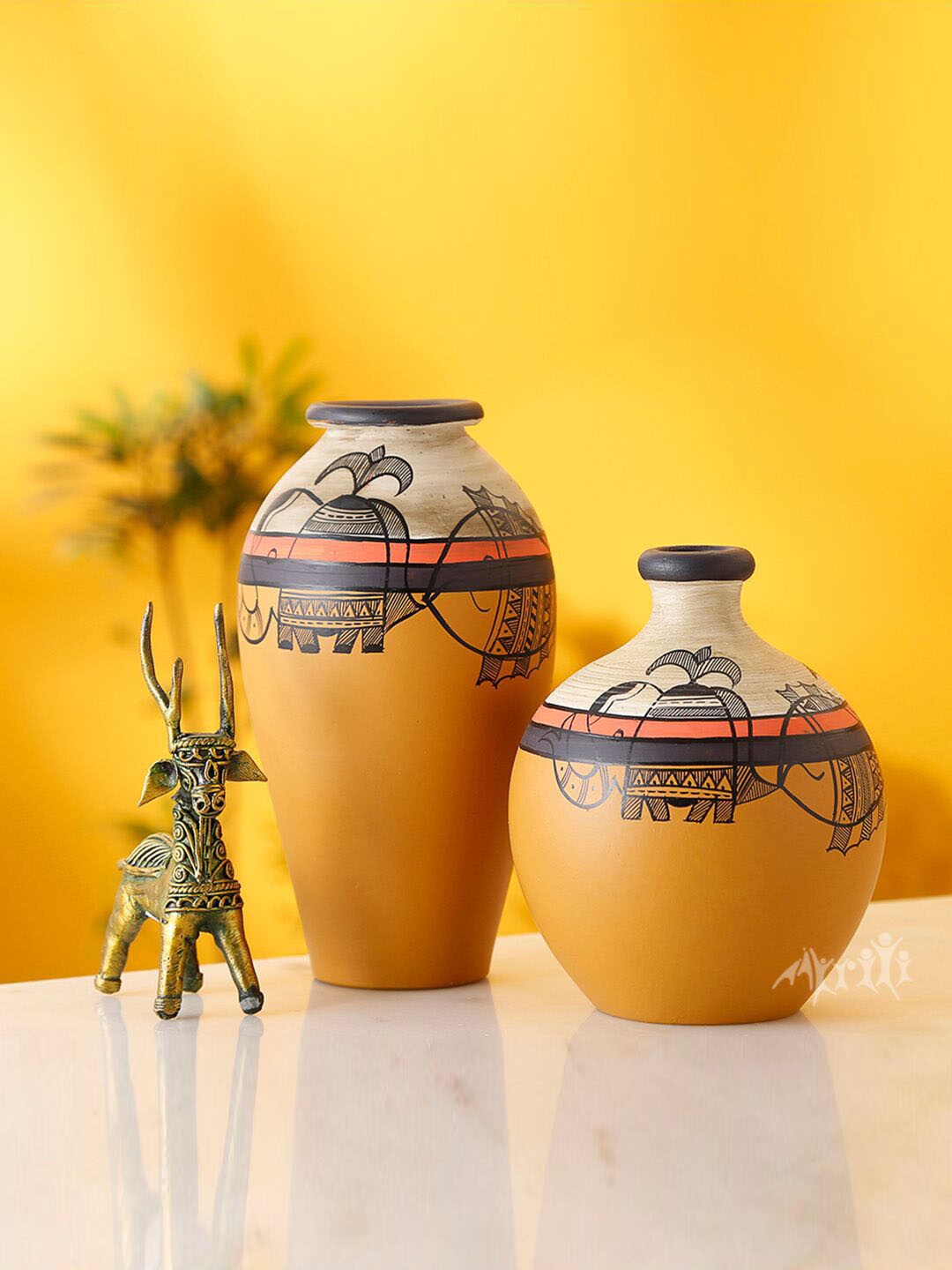 

AAKRITI ART CREATIONS Yellow & Brown 2 Pieces Earthen Madhubani Painted Vases