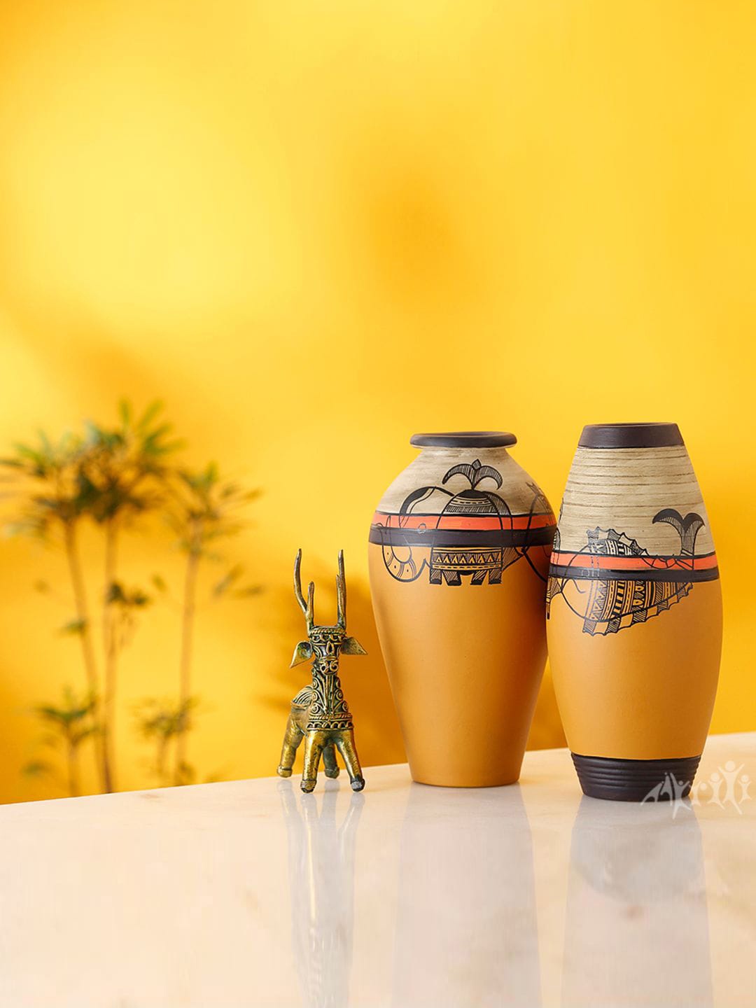 

AAKRITI ART CREATIONS 2-Pcs Yellow & Black Madhubani Printed Terracotta Vases
