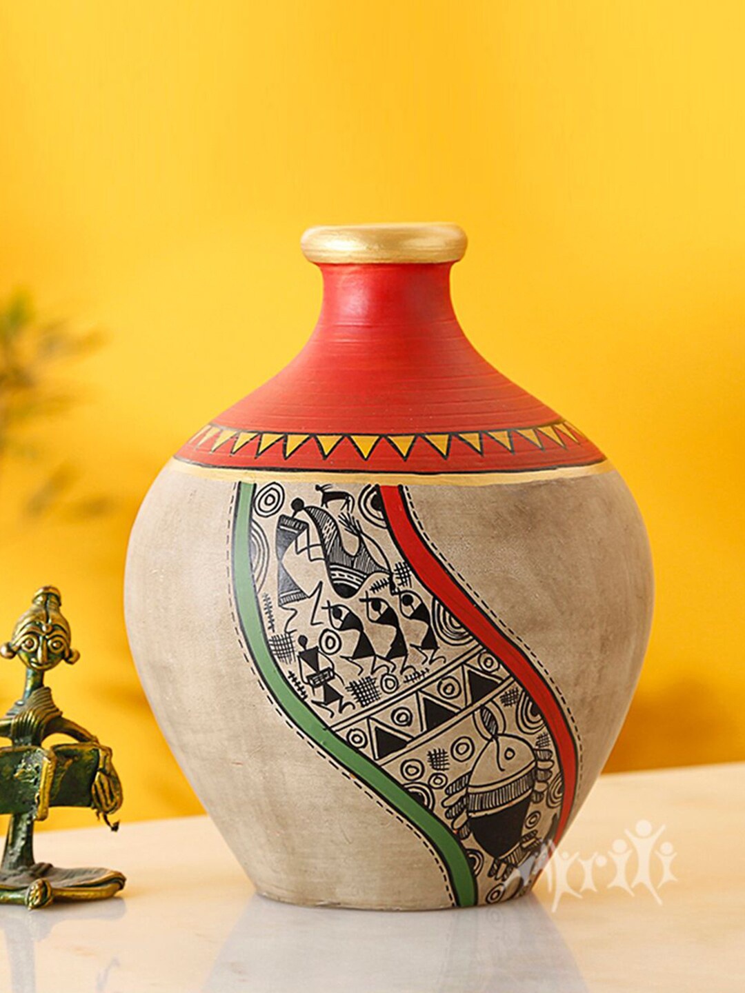 

AAKRITI ART CREATIONS Earthen Red & Beige Warli Printed Vase