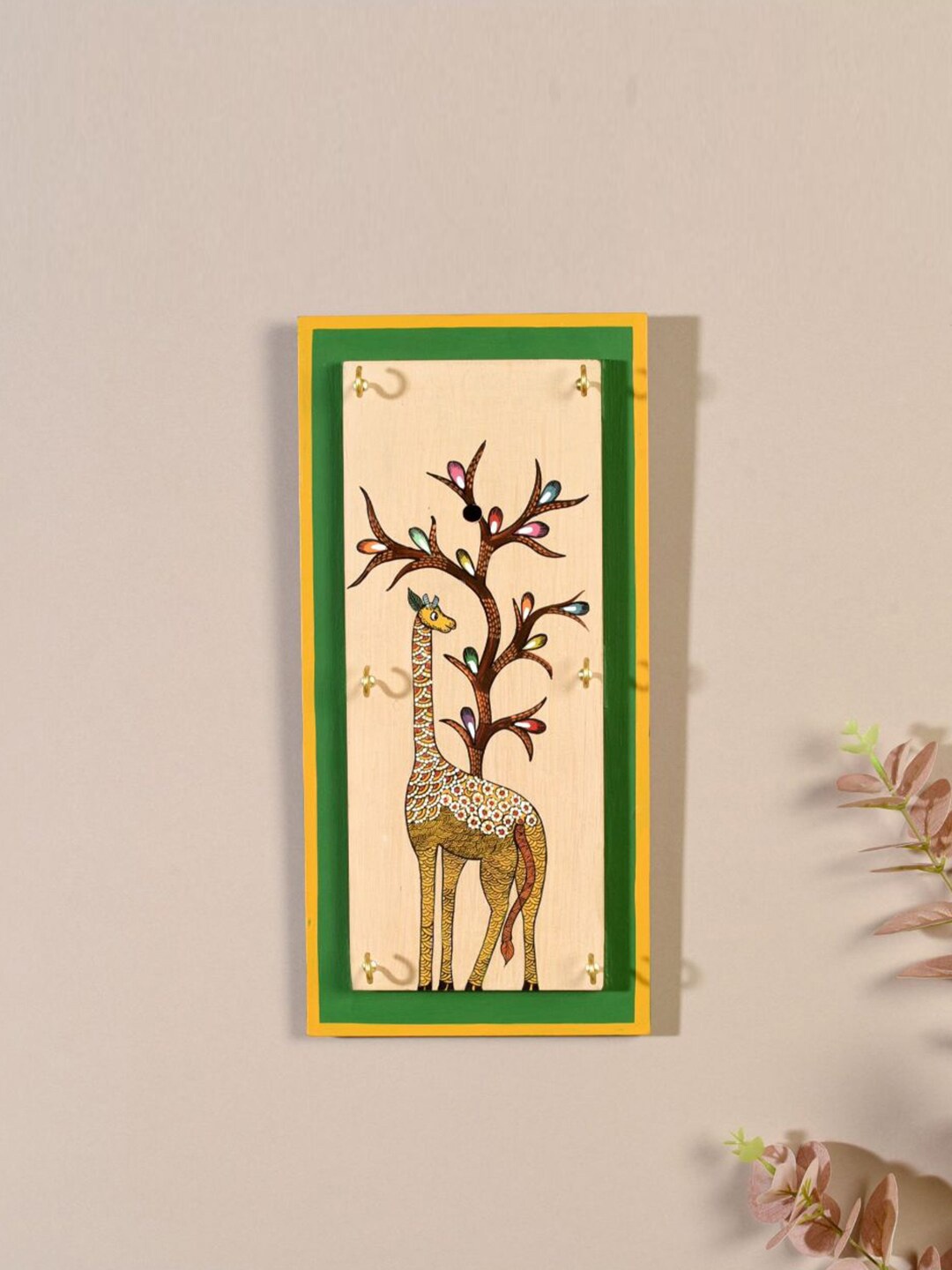 

AAKRITI ART CREATIONS Beige &Brown Giraffe Gallore Printed Wooden Key Holder