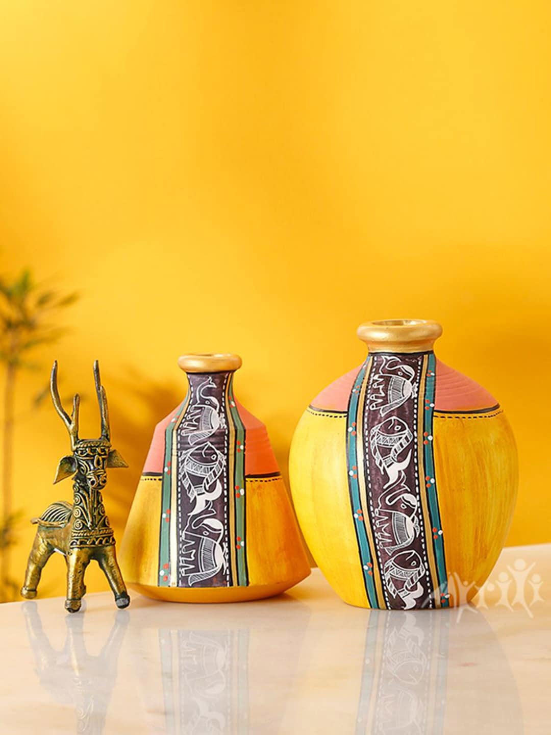 

AAKRITI ART CREATIONS Yellow 2 Pieces Earthen Madhubani Printed Vases