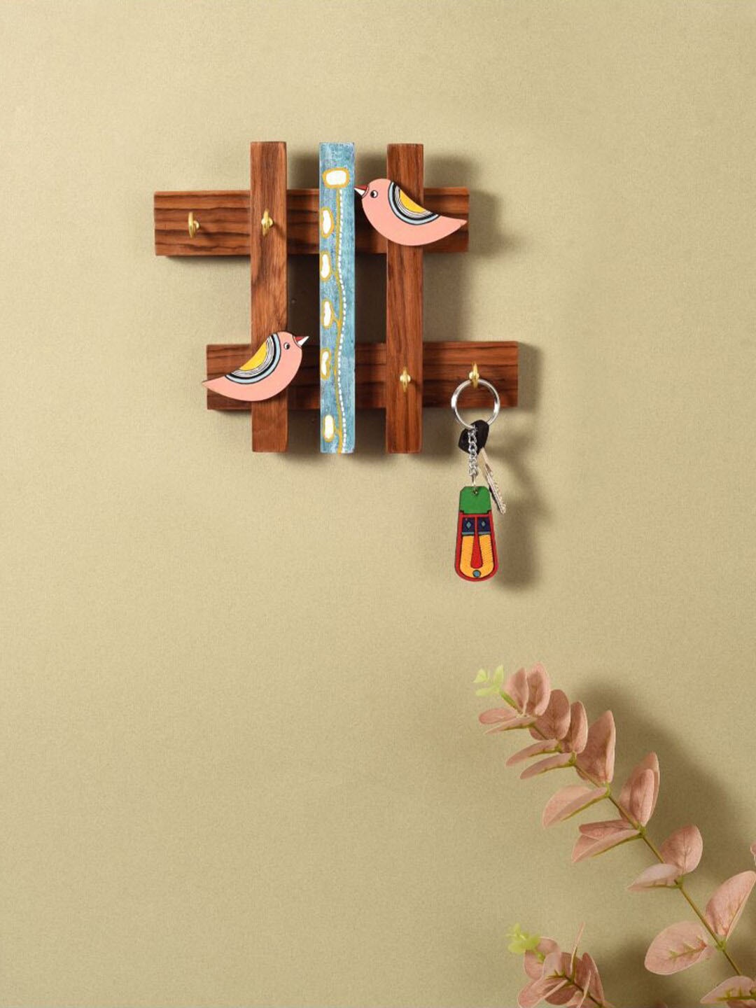 

AAKRITI ART CREATIONS Brown & Blue Printed Wooden Birds OF love Key Holder