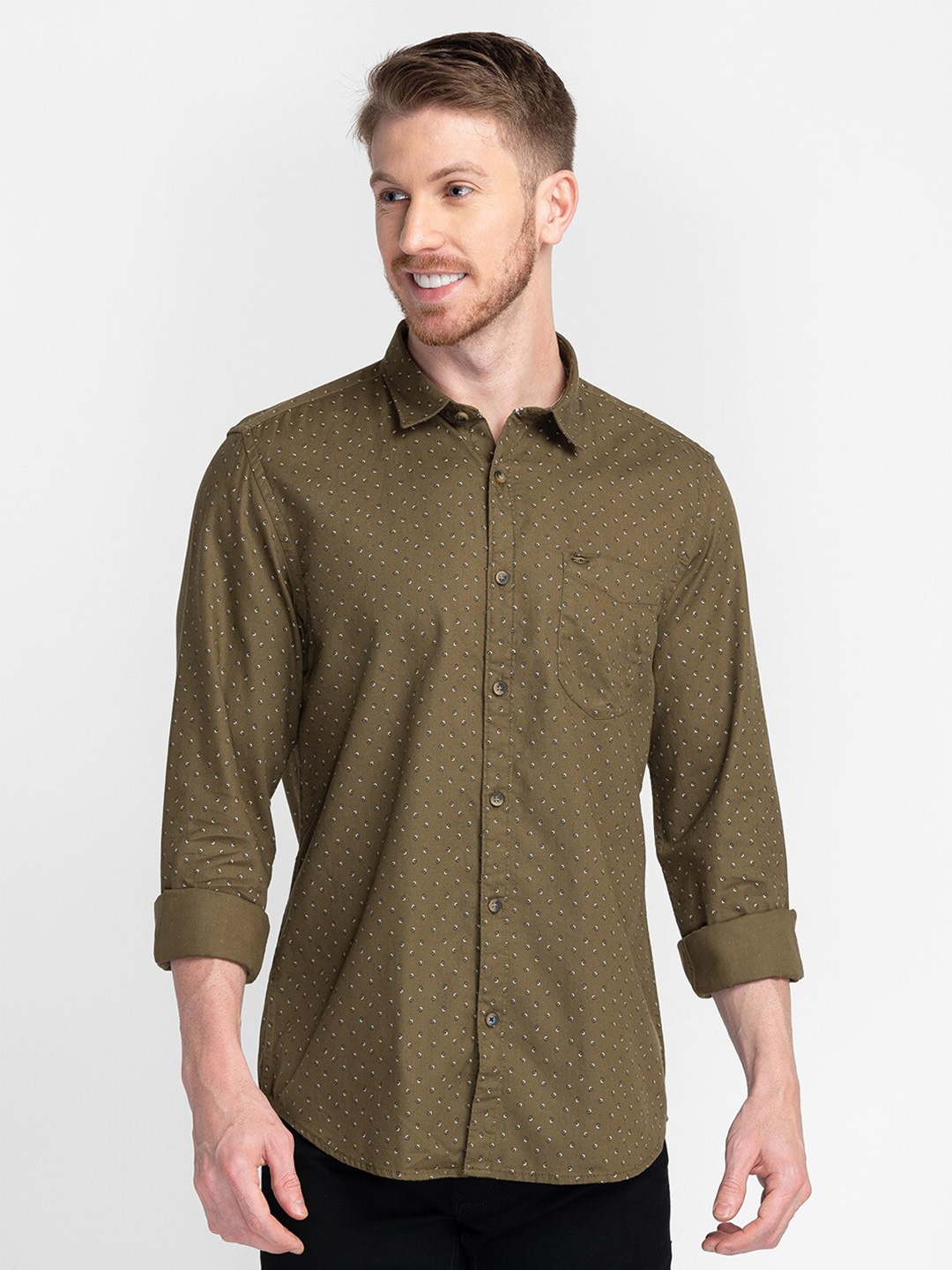 

MOZZO Micro Ditsy Printed Classic Slim Fit Casual Shirt, Olive