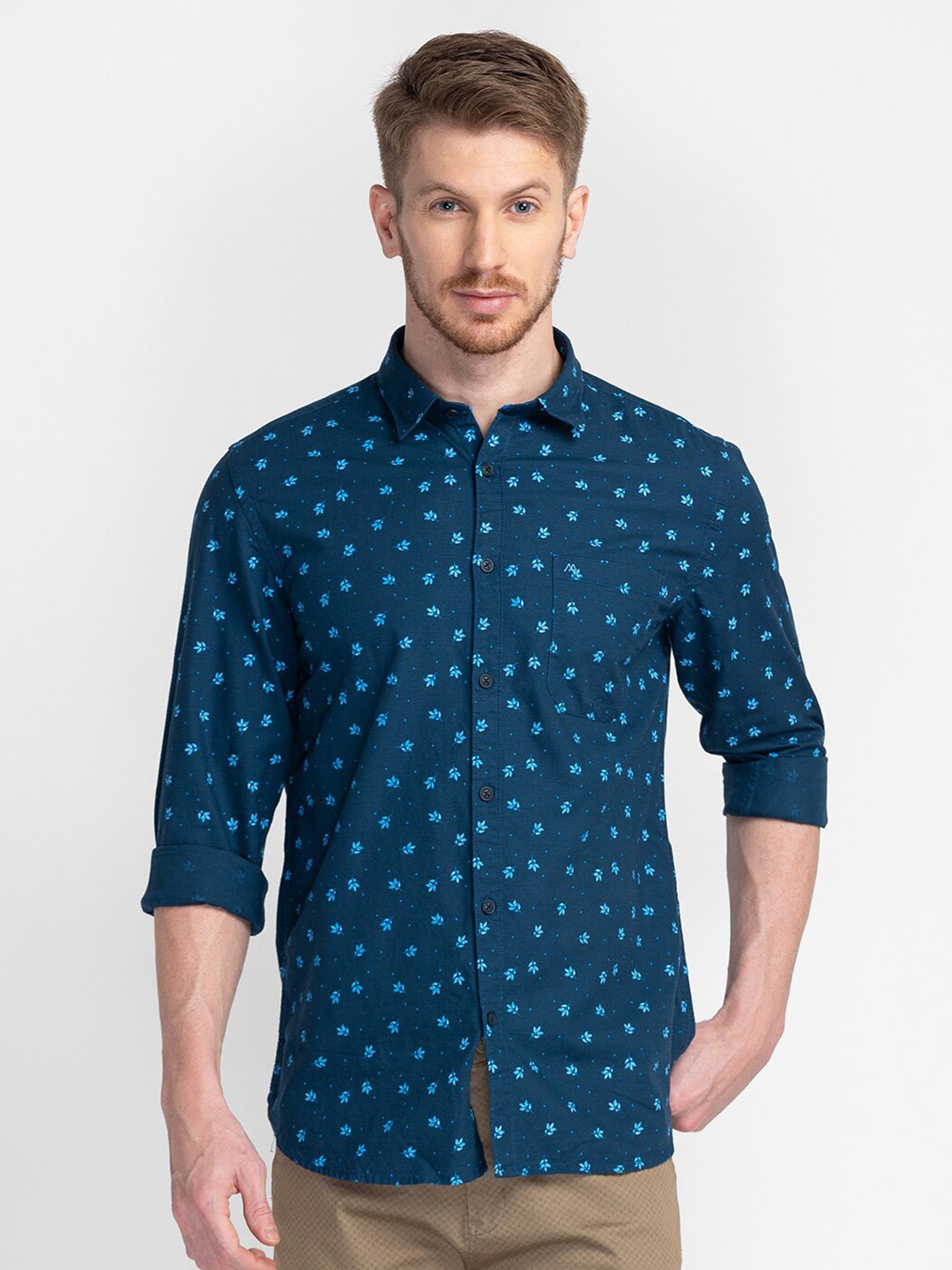 

MOZZO Floral Printed Classic Slim Fit Opaque Cotton Casual Shirt, Navy blue