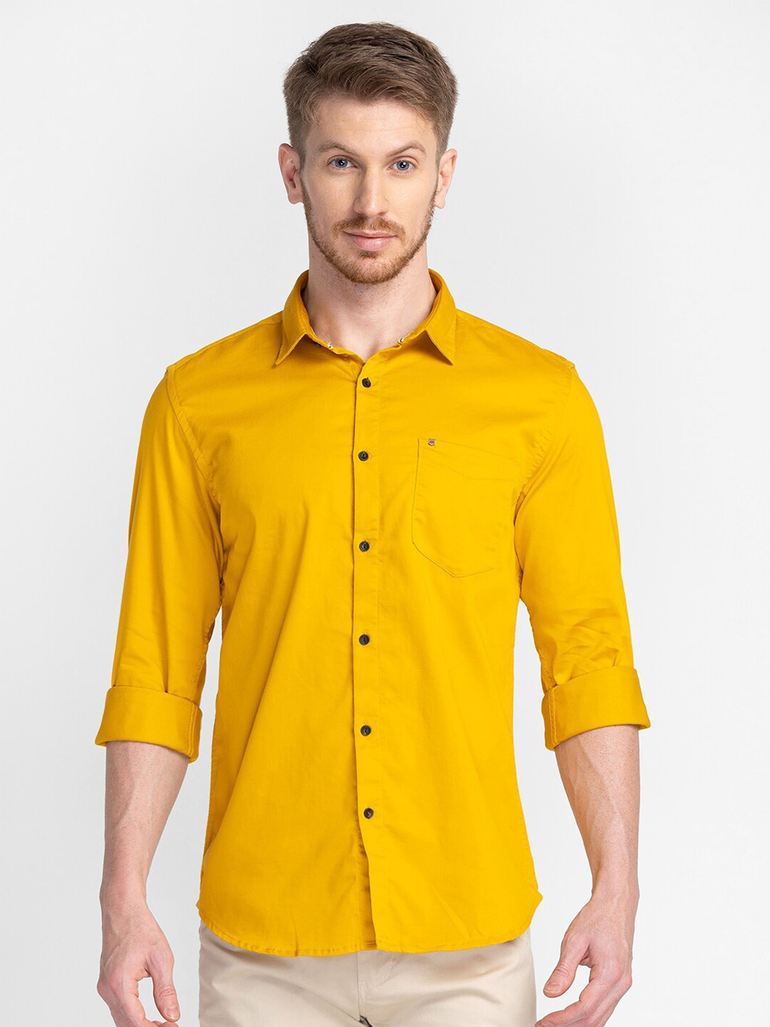 

MOZZO Classic Slim Fit Spread Collar Cotton Casual Shirt, Yellow