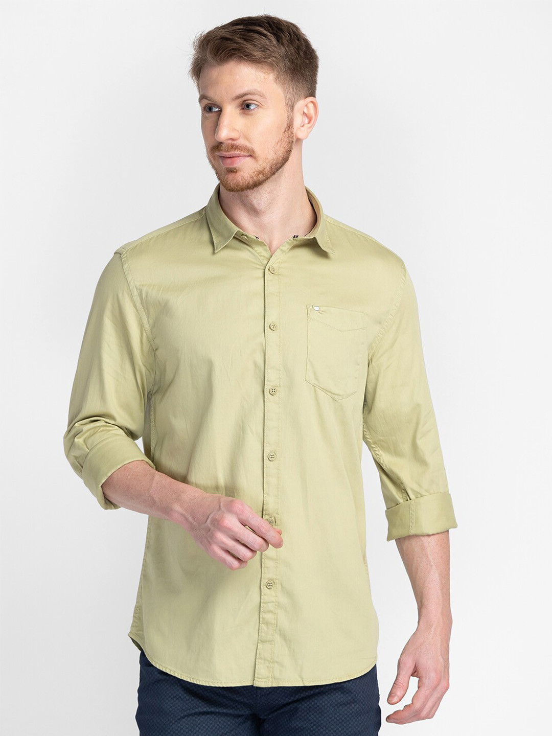 

MOZZO Classic Slim Fit Cotton Casual Shirt, Green