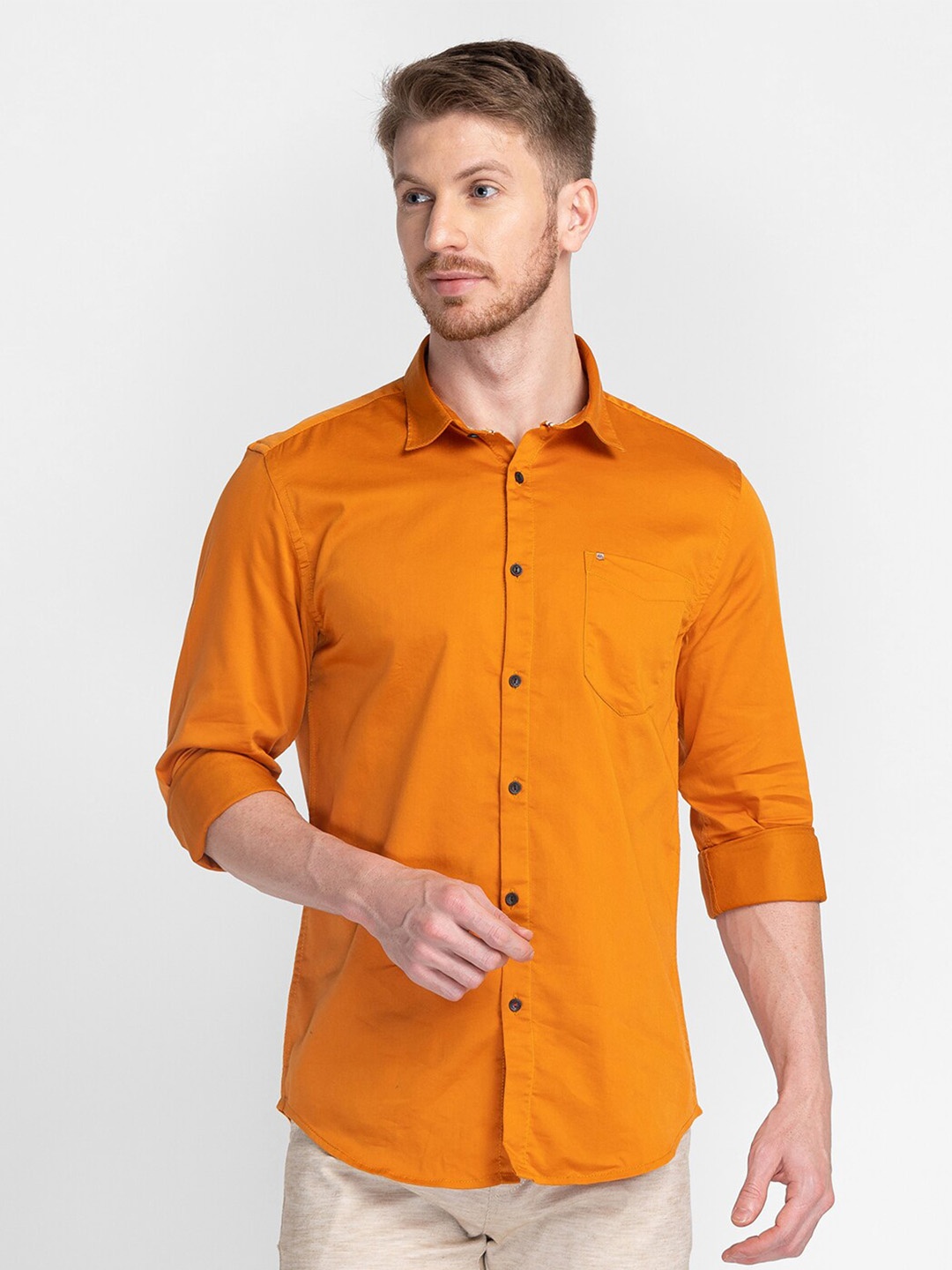 

MOZZO Classic Slim Fit Spread Collar Cotton Casual Shirt, Orange