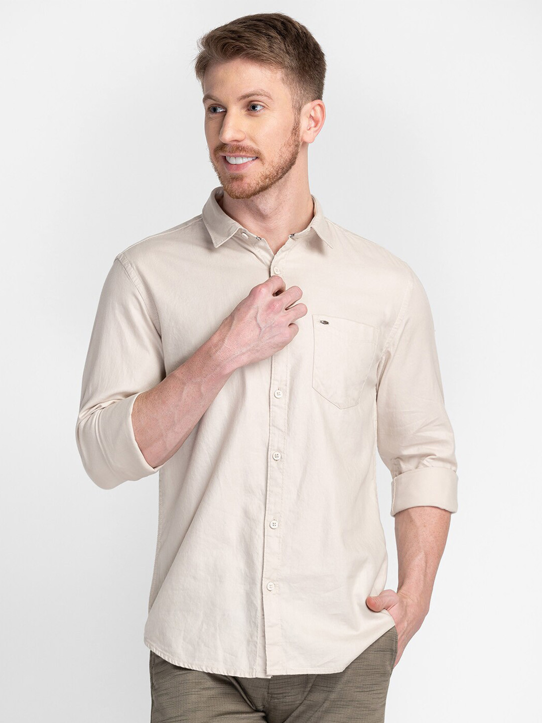 

MOZZO Classic Regular Fit Spread Collar Cotton Casual Shirt, Beige