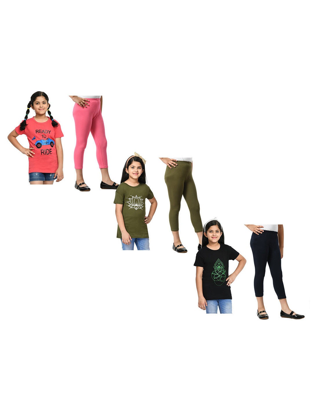 

BAESD Girls Pack Of 3 Printed Pure Cotton T-shirt With Capris, Pink