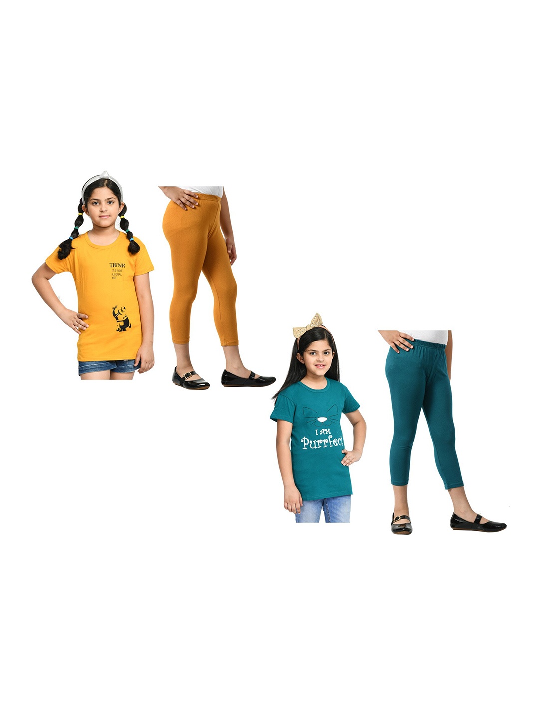 

BAESD Girls Pack Of 2 Printed Pure Cotton T-shirt With Capris, Yellow