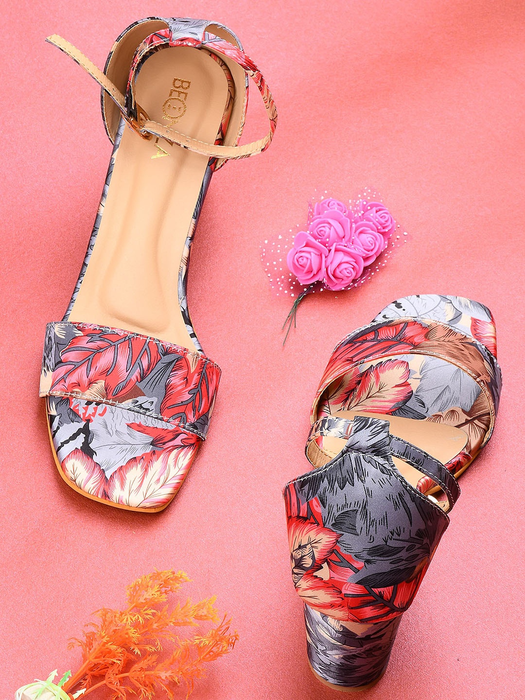 

BEONZA Printed Open Toe Block Heels, Grey