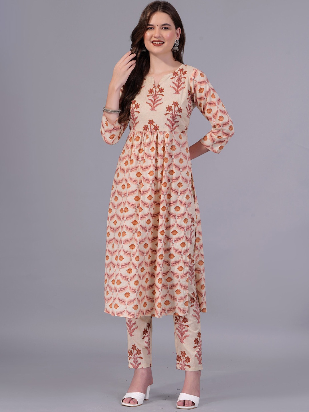 

Aarti Fashion Ethnic Motifs Printed Empire Pure Cotton Kurta With Trousers, Cream