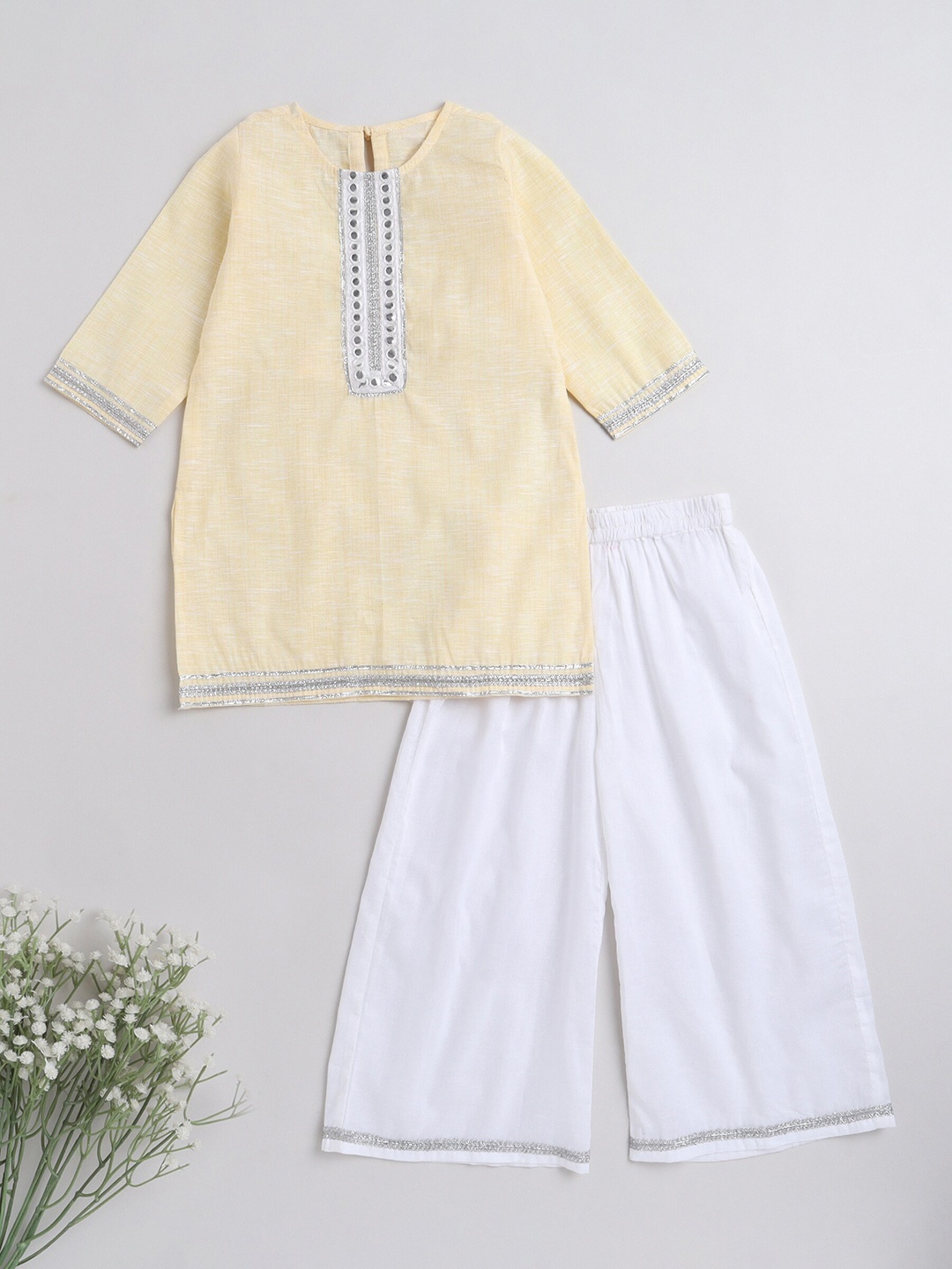 

The Magic Wand Girls Mirror Work Pure Cotton Kurti With Palazzos, Yellow